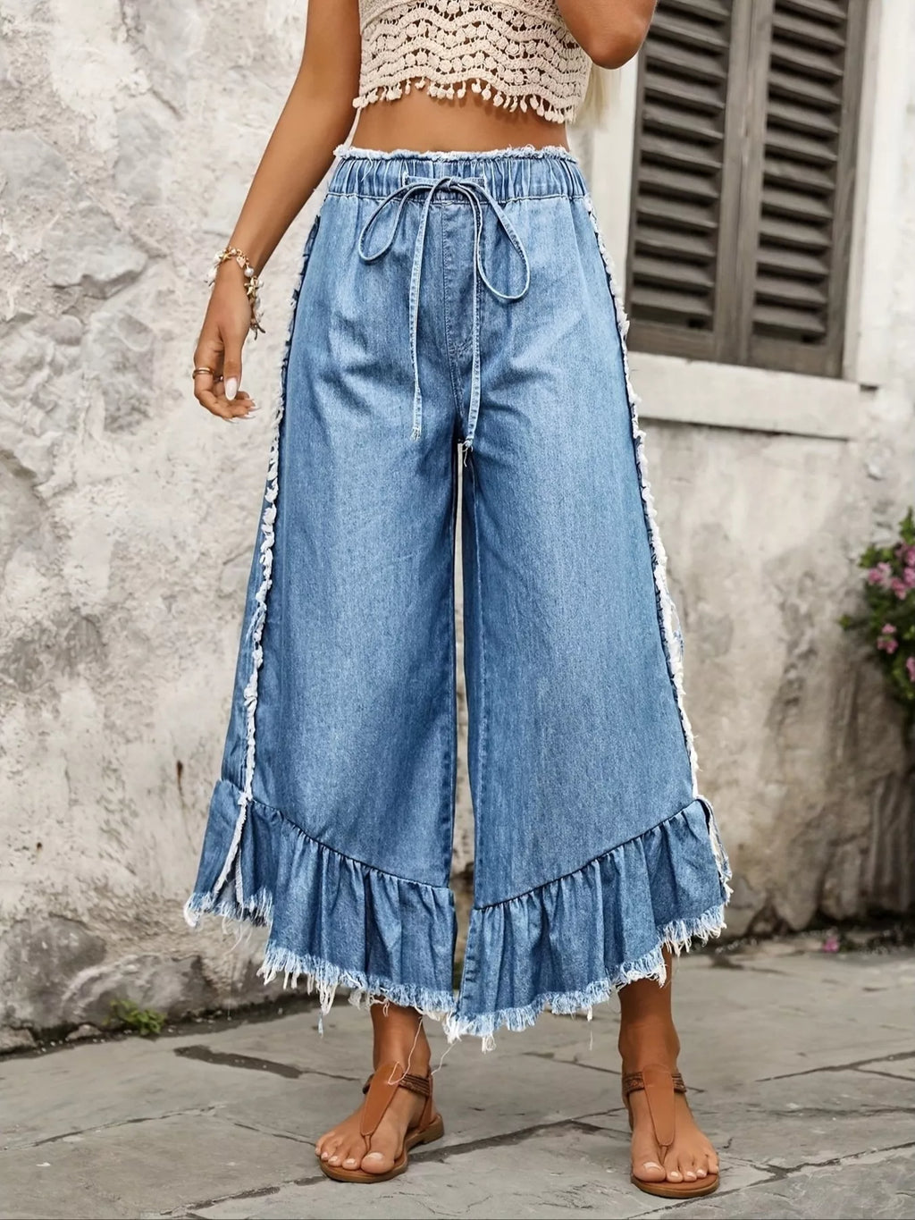 Drawstring Wide-Leg Ruffle Hem Jeans