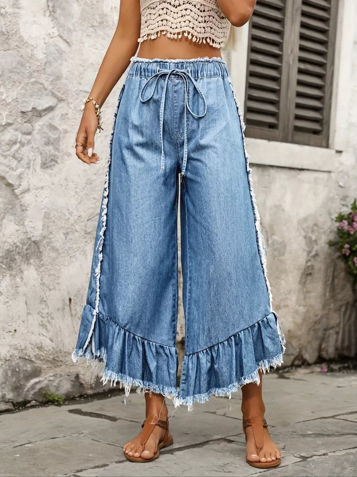 Drawstring Wide-Leg Ruffle Hem Jeans