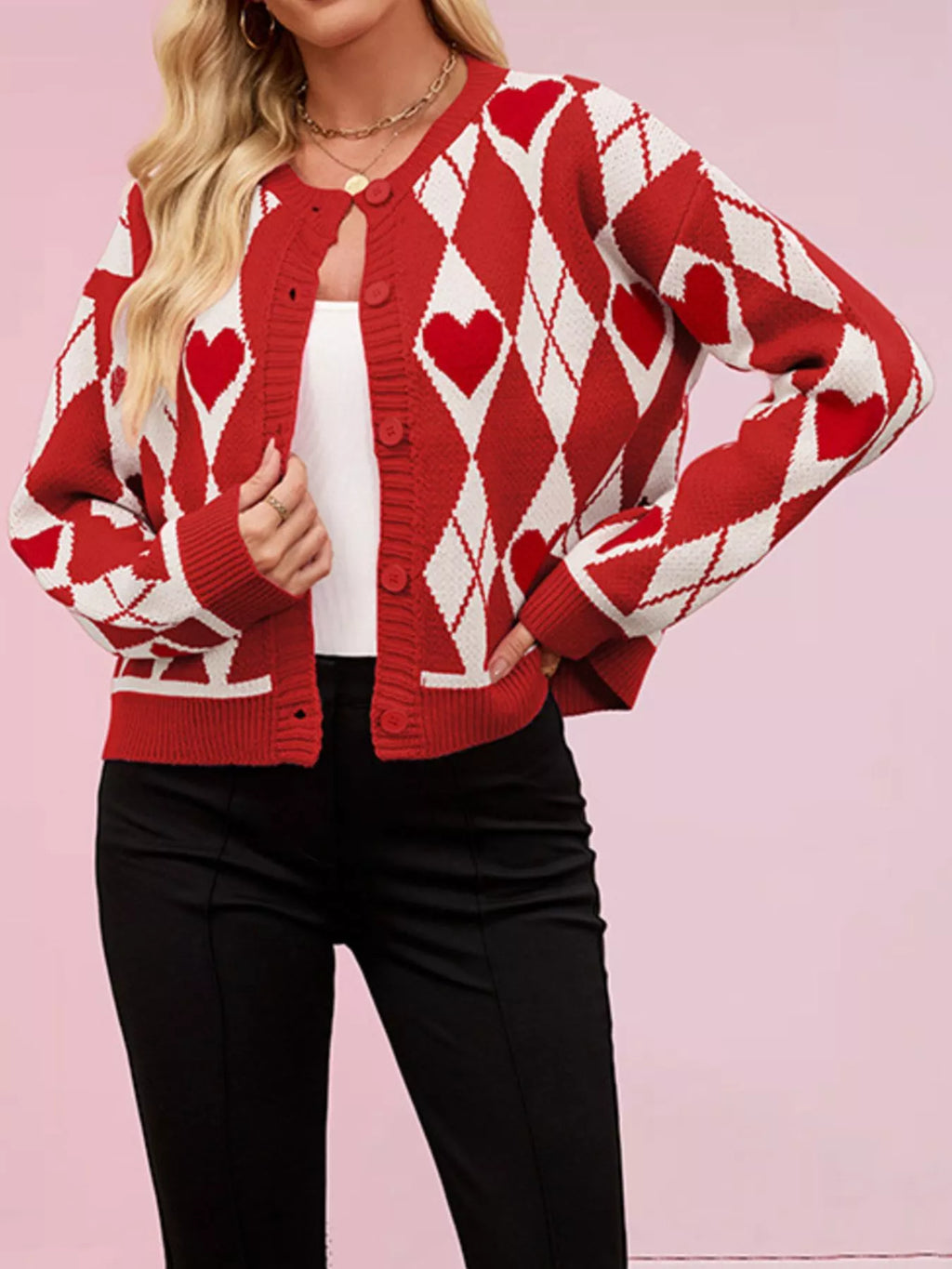 Argyle Heart Pattern Button-Up Knit Cardigan