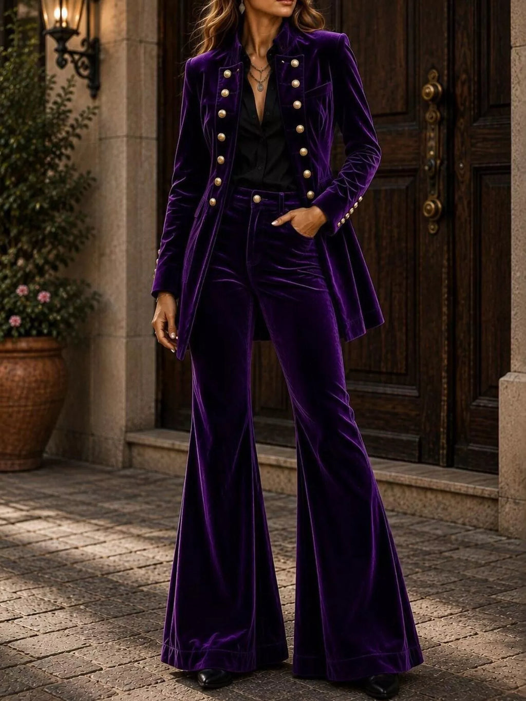 Velvet Double-Breasted Blazer and Flare Pants Set