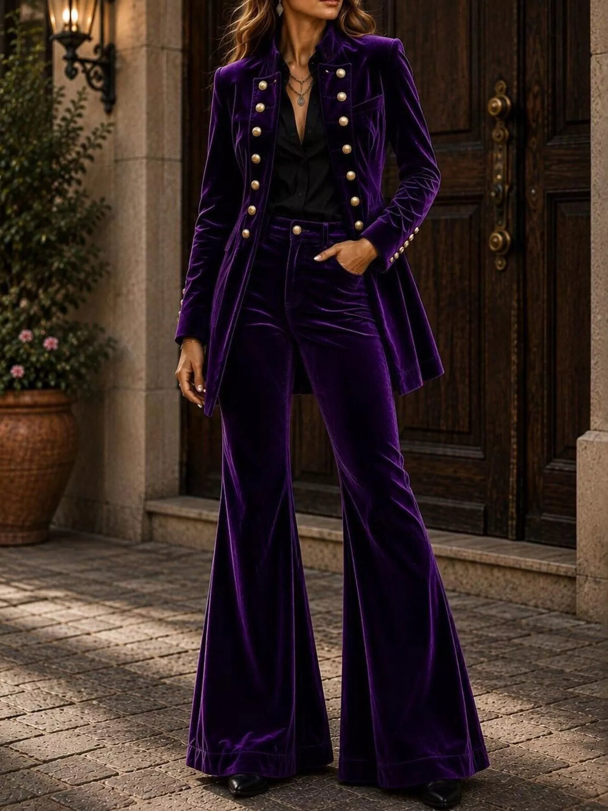 Velvet Double-Breasted Blazer and Flare Pants Set