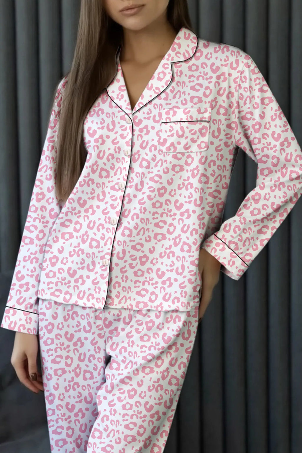 Leopard Print Button Up Top and Pants Pajama Set