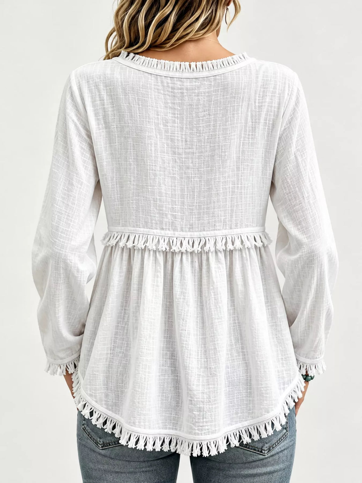 Full Size Fringed Trim V-Neck Long Sleeve Blouse Plus Size
