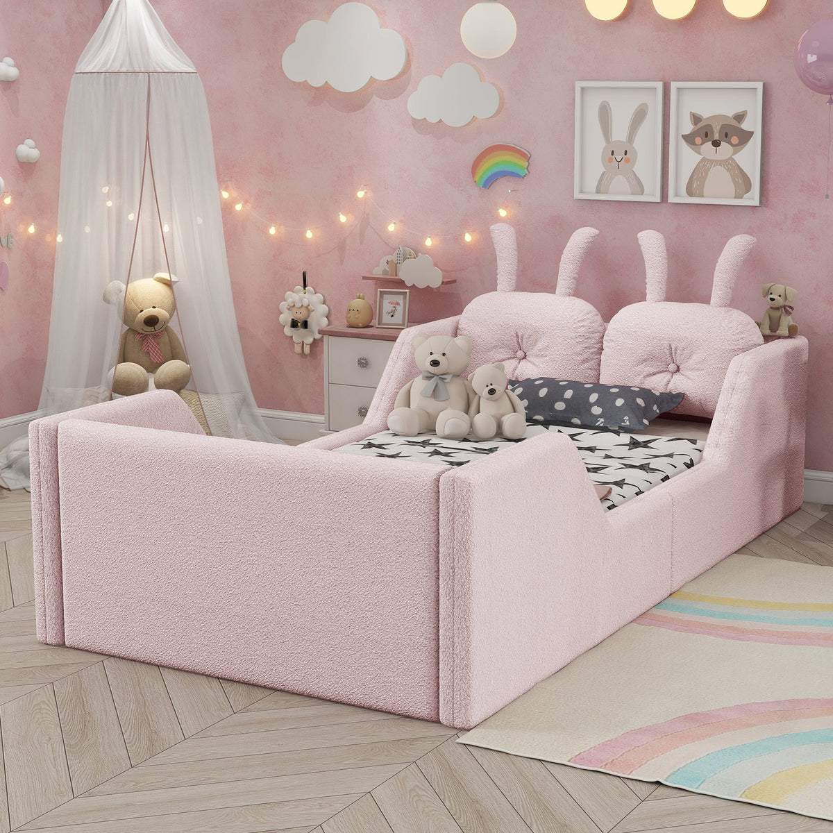 Twin Size Upholstered Platform Bed with Rabbit Cushion – Pink