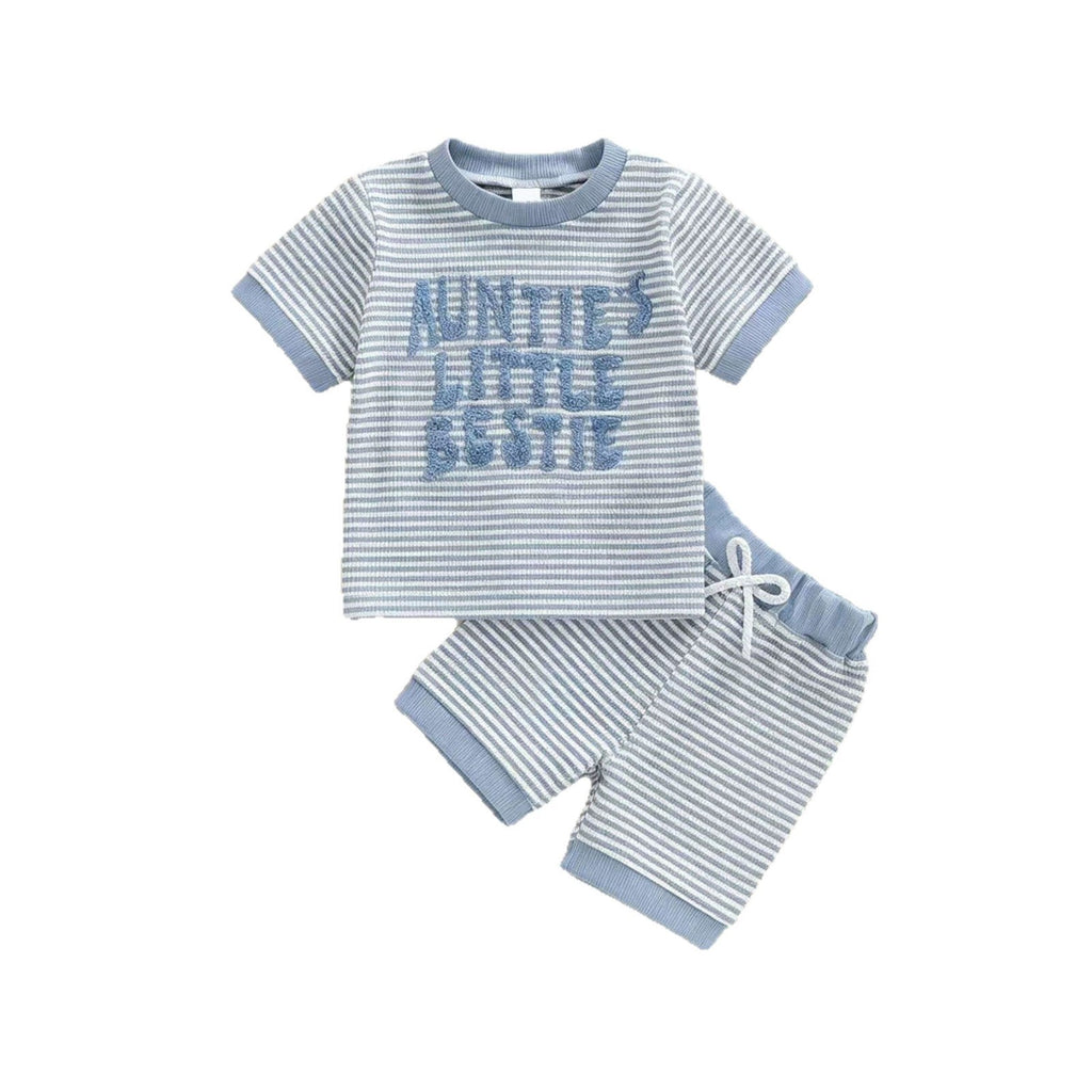Casual Striped Waffle-knit Letter-embroidered Short-sleeve Top And Shorts