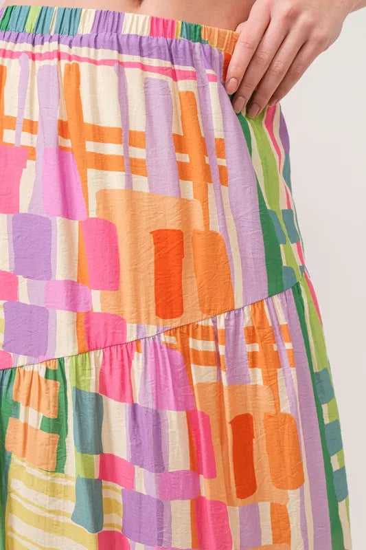And The Why Asymmetric Geo Printed Tiered Maxi Skirt
