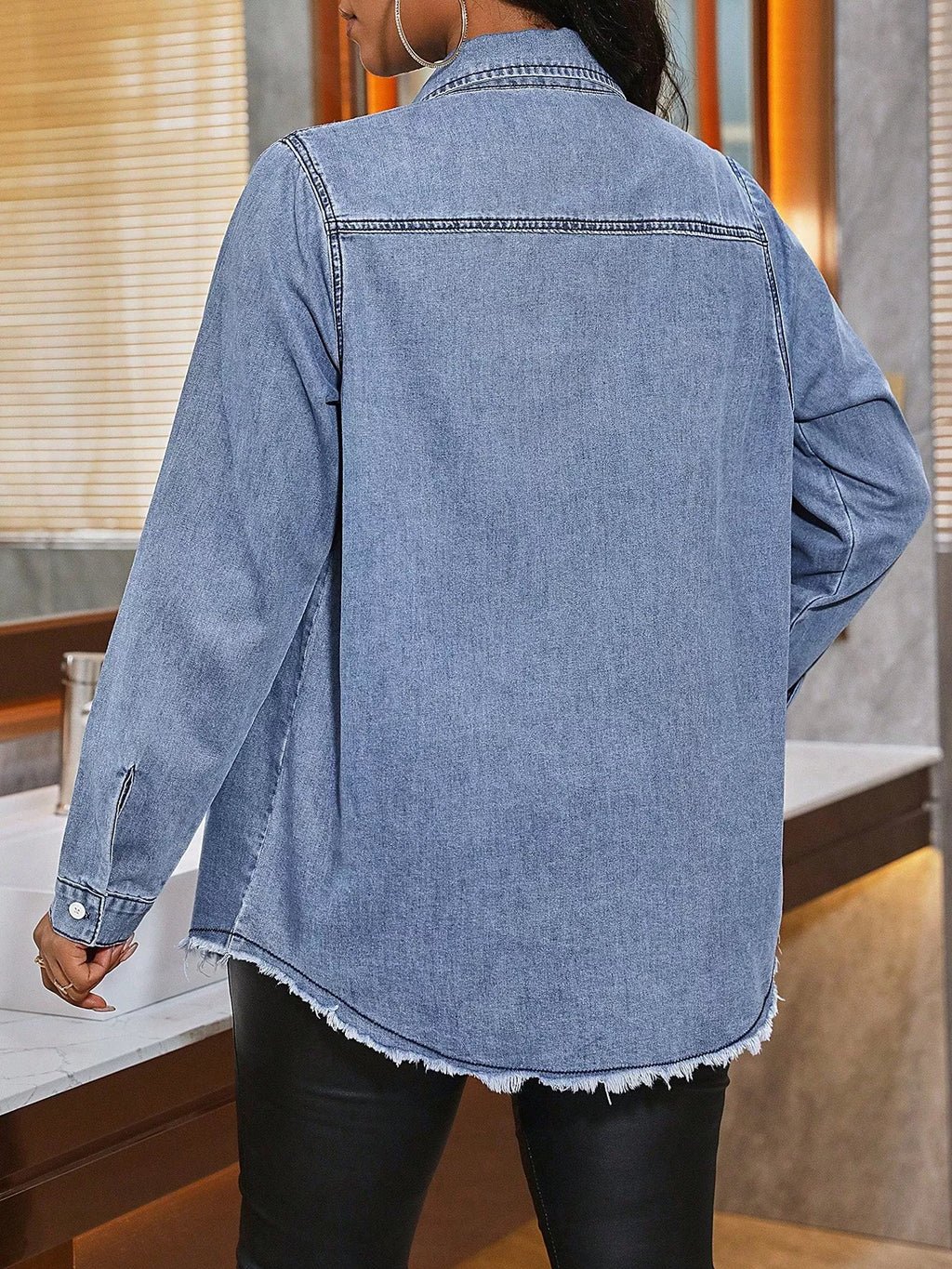 Raw Hem Button Up Denim Shirt