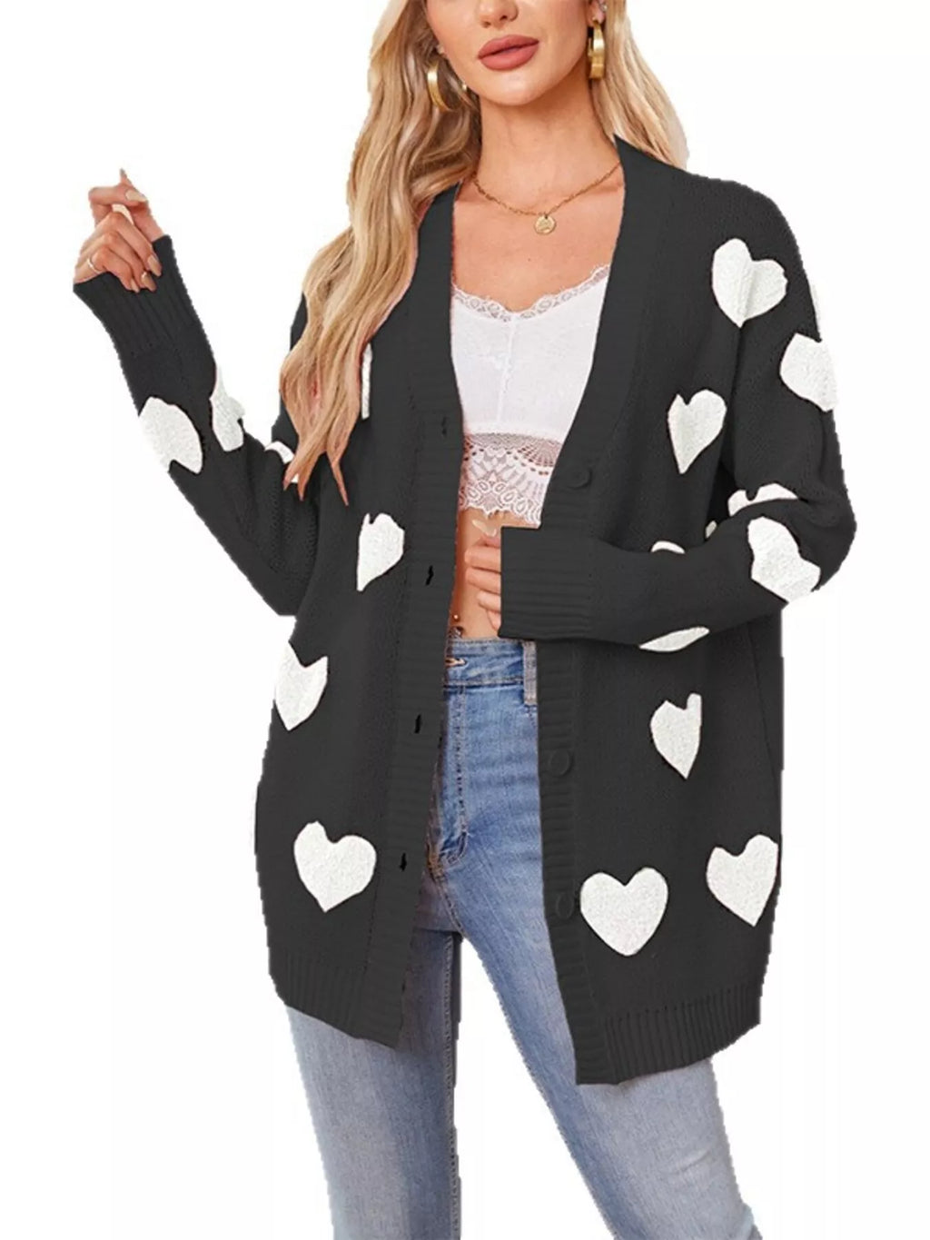 Heart Pattern V-Neck Button-Down Knit Cardigan