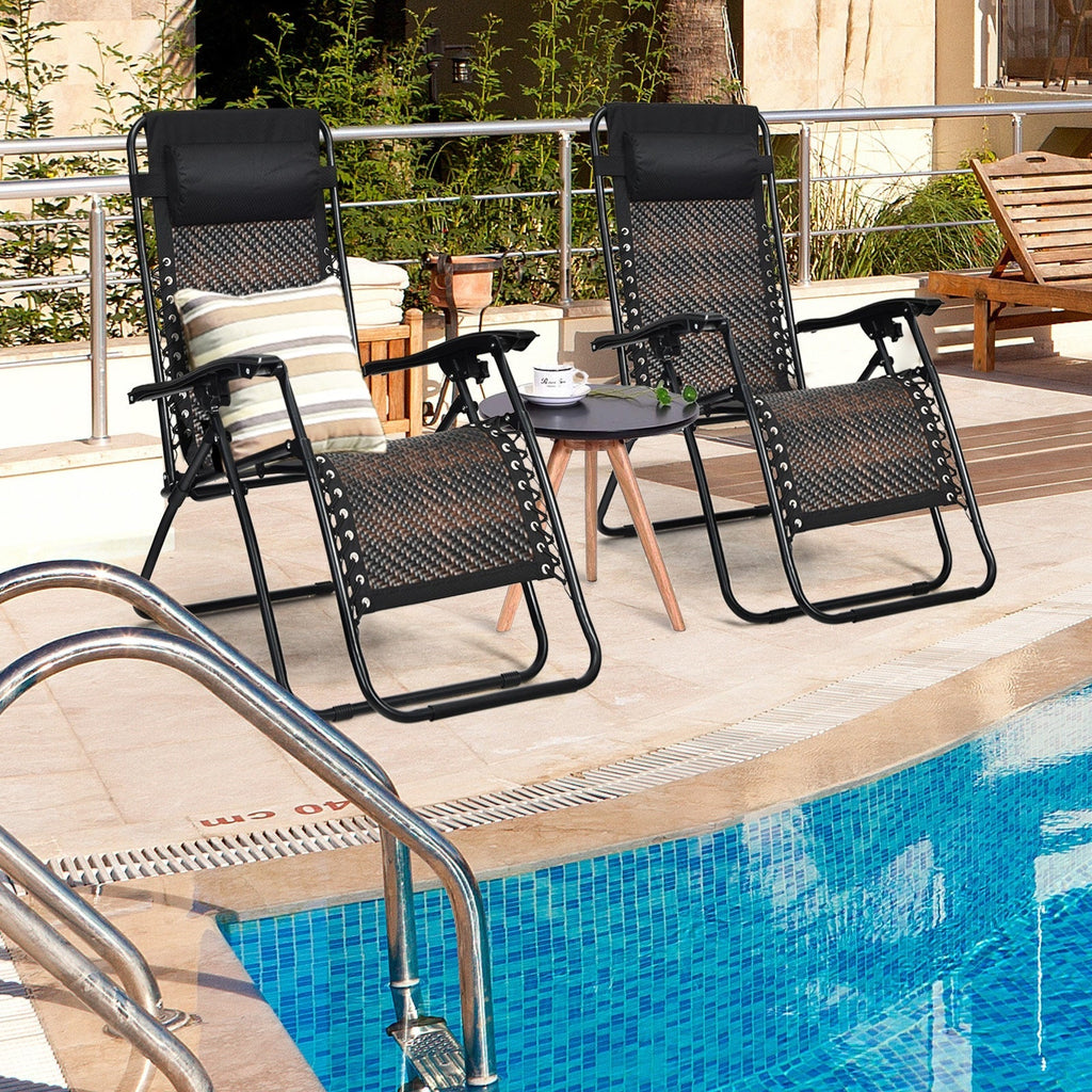 2 Pieces Folding Patio Rattan Zero Gravity Lounge Chair