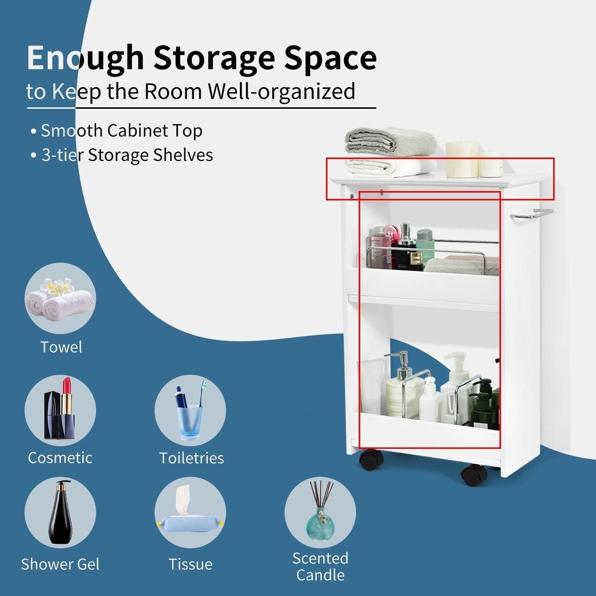 Slim Rolling 3-Tier Bathroom Mobile Shelving Cabinet wih Handle