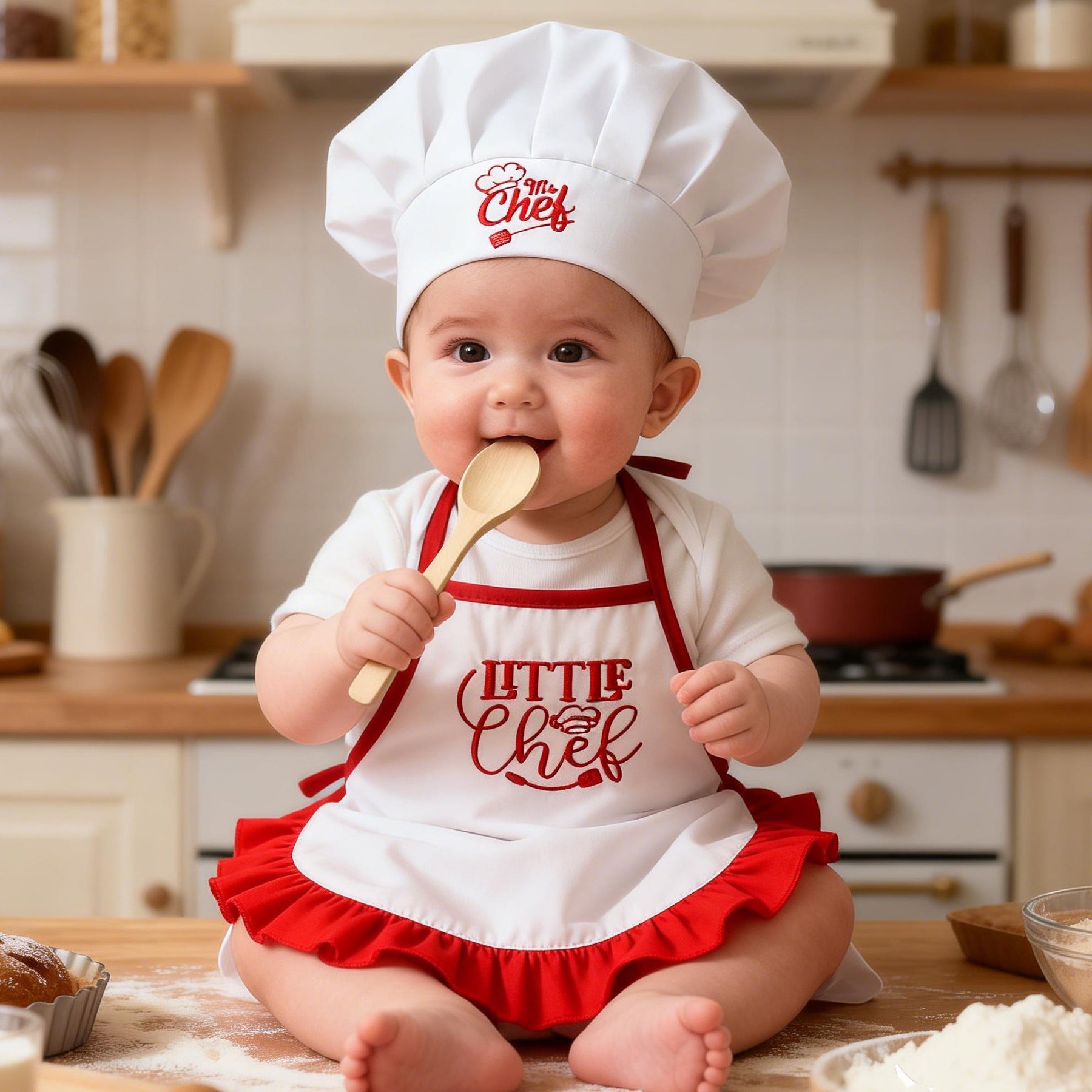 One-month-old Baby Photo Outfit Tall-top Hat Lace-trimmed Embroidery Little Chef Costume