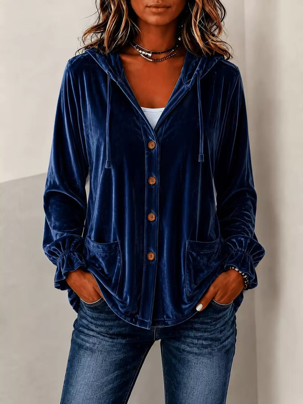 Full Size Velvet Button-Down Hooded Outerwear Plus Size