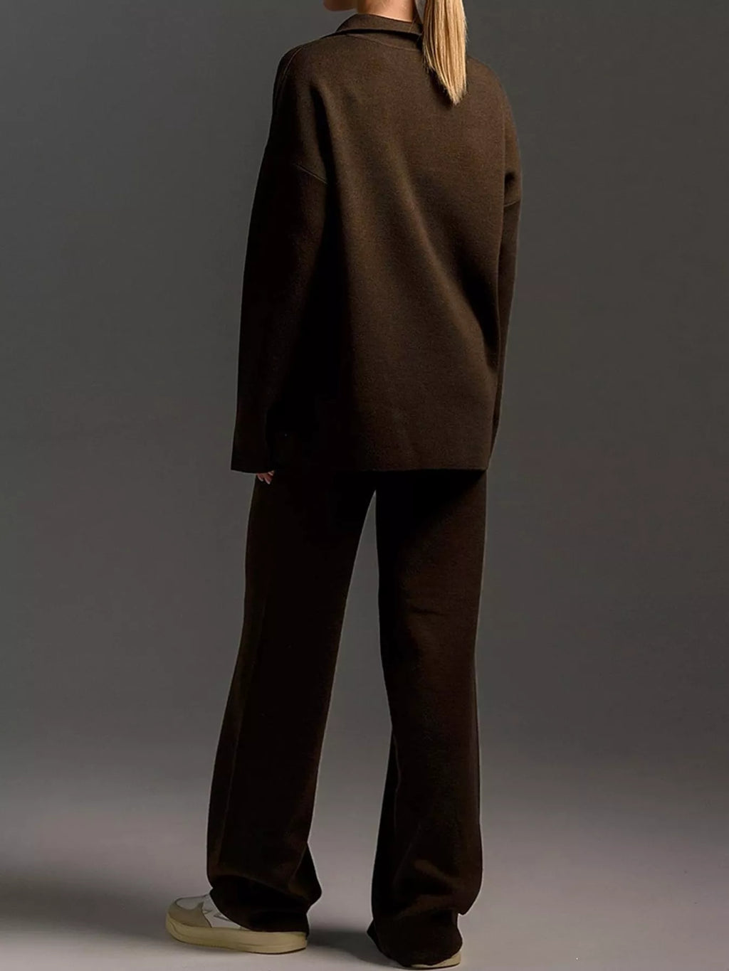 Polo Collar Top and Wide-Leg Pants Set