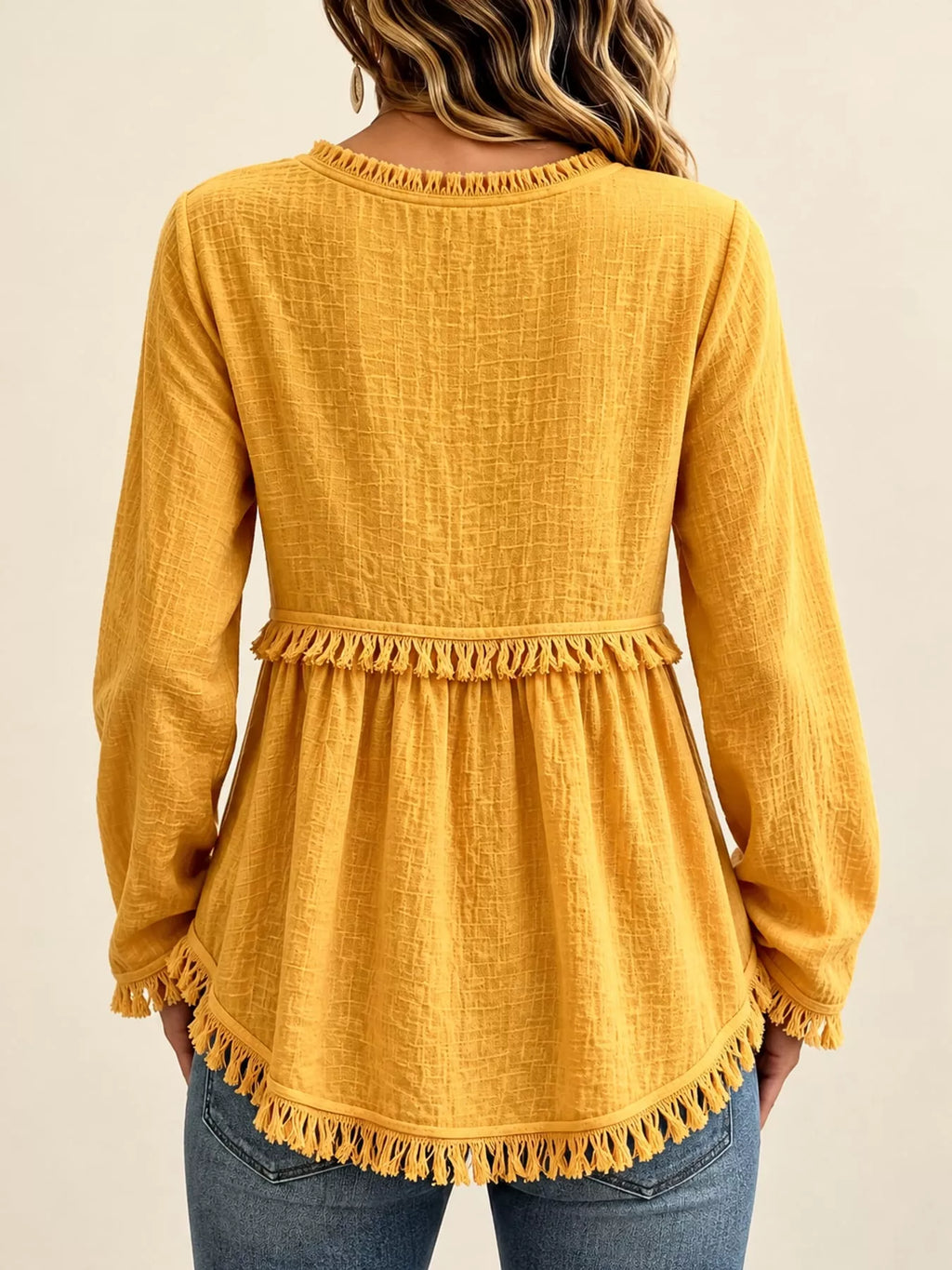 Full Size Fringed Trim V-Neck Long Sleeve Blouse Plus Size