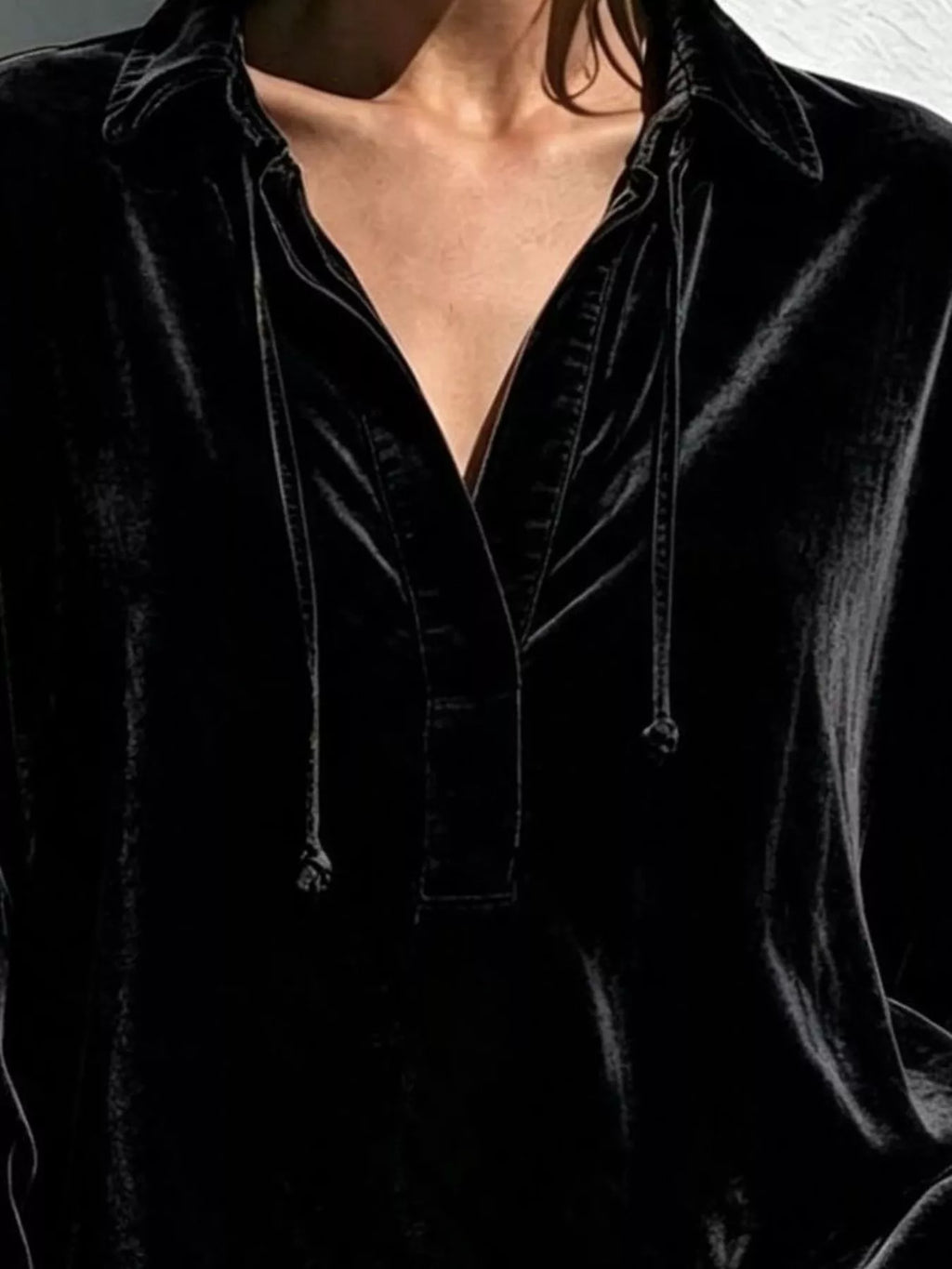 Full Size Oversized Velvet Collared Neck Drawstring Blouse Plus Size