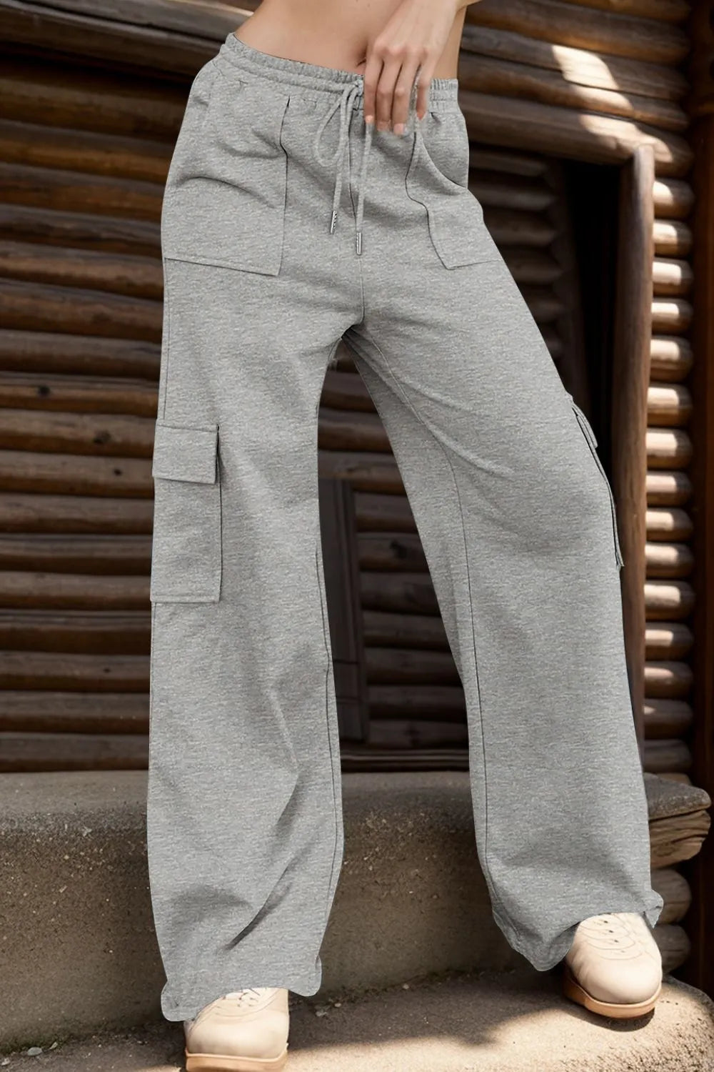 Drawstring Wide Leg Active Pants with Pockets