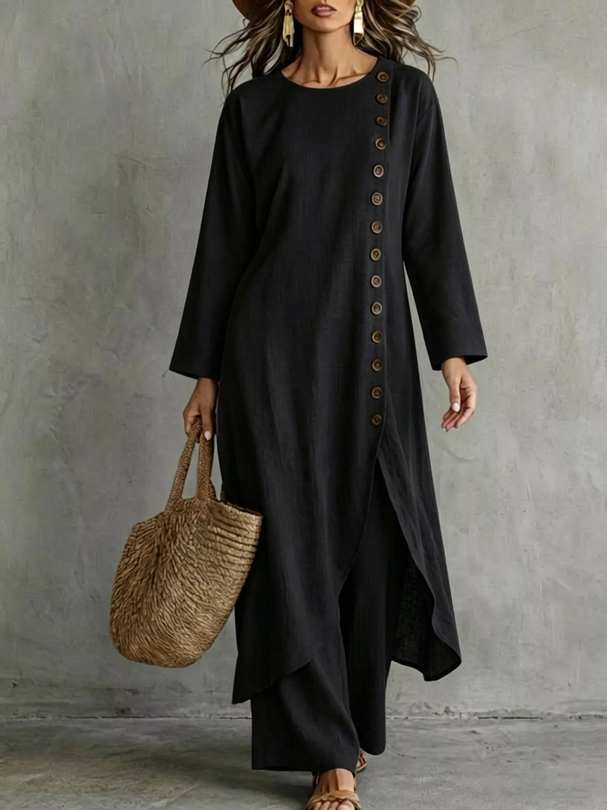 Full Size Side-Buttoned Longline Top and Pants Set Plus Size
