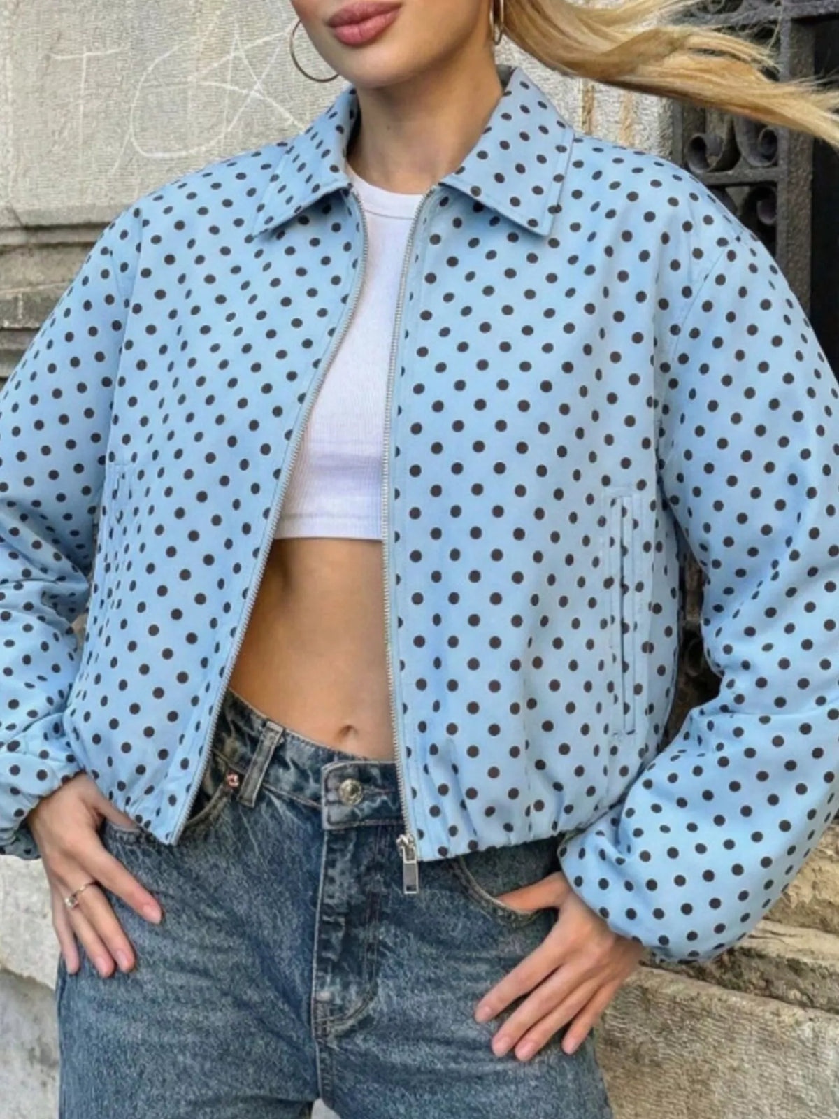 Polka Dot Casual Zip-Up Jacket