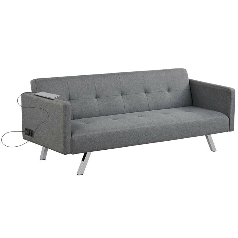 3 Seat Convertible Linen Fabric Futon Sofa with USB and Power Strip