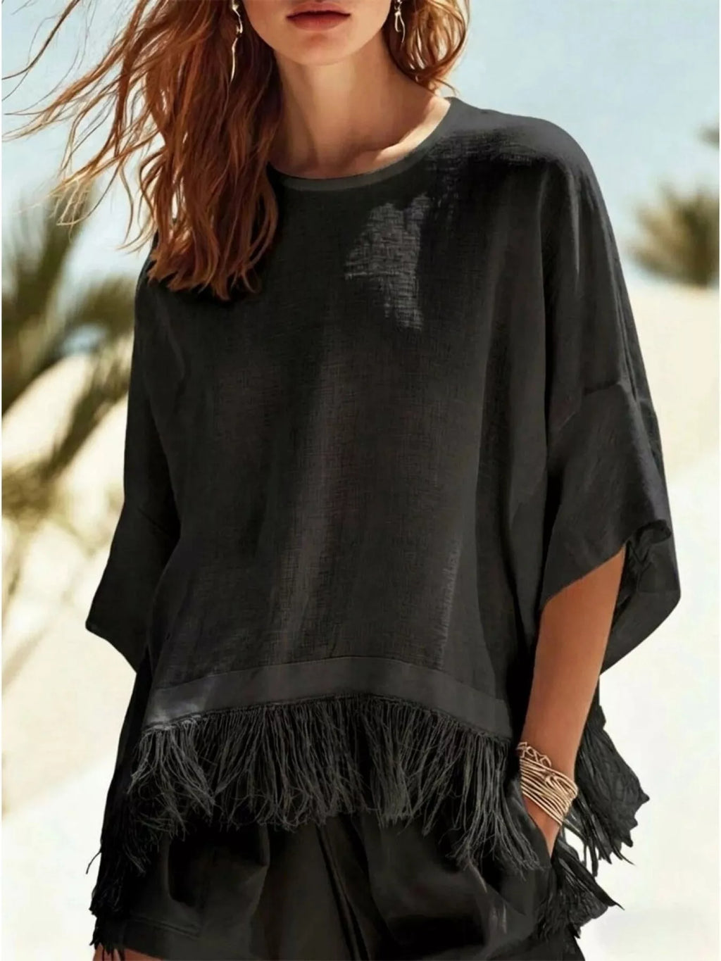 Fringed 3/4 Sleeve Blouse
