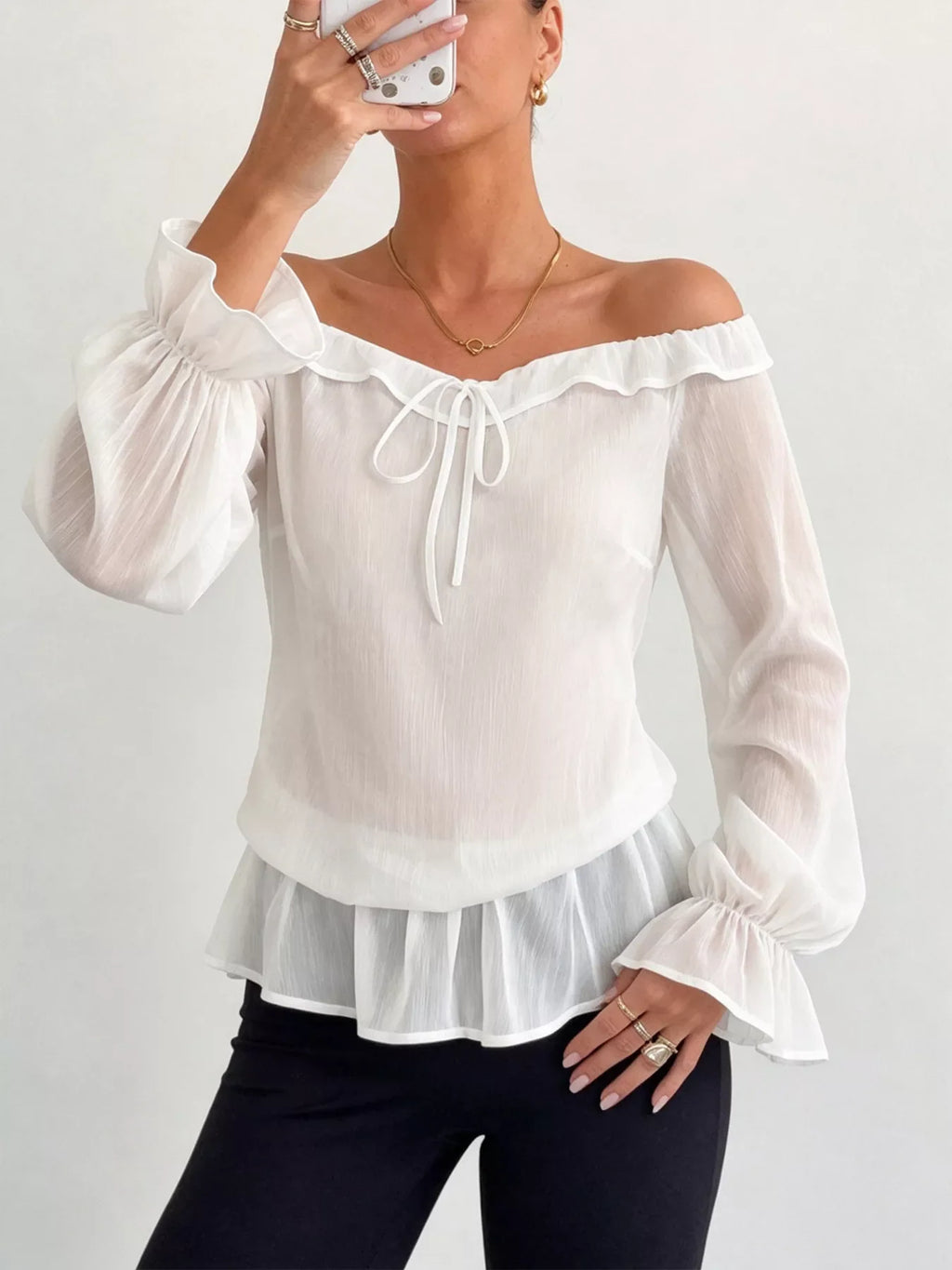 Off-Shoulder Flounce Sleeve Chiffon Blouse