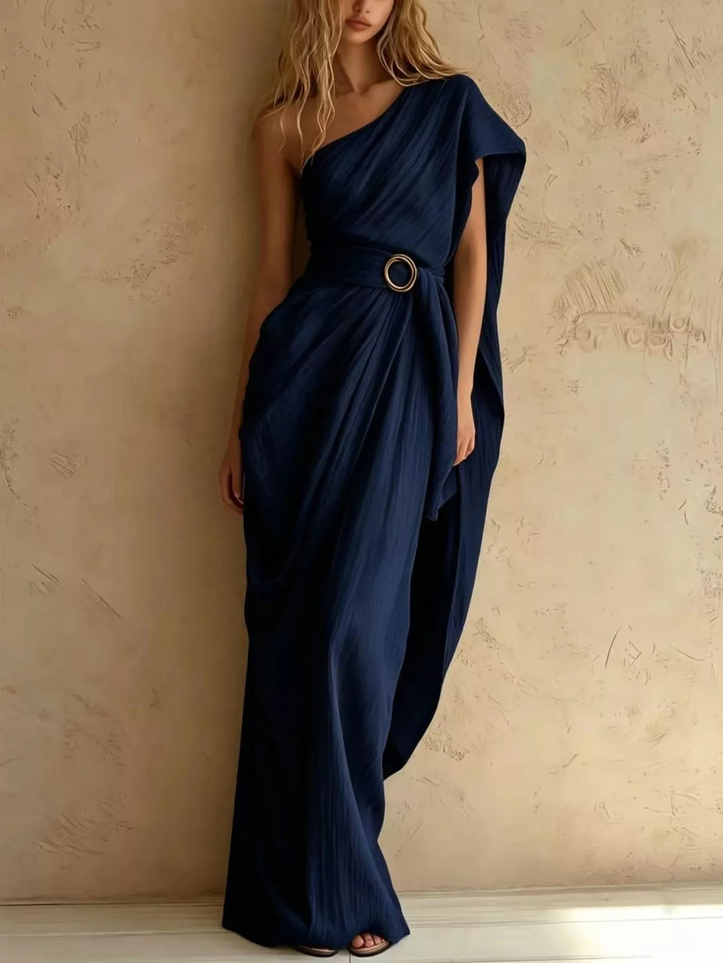 One-Shoulder Draped Maxi Dress with Waist Buckle