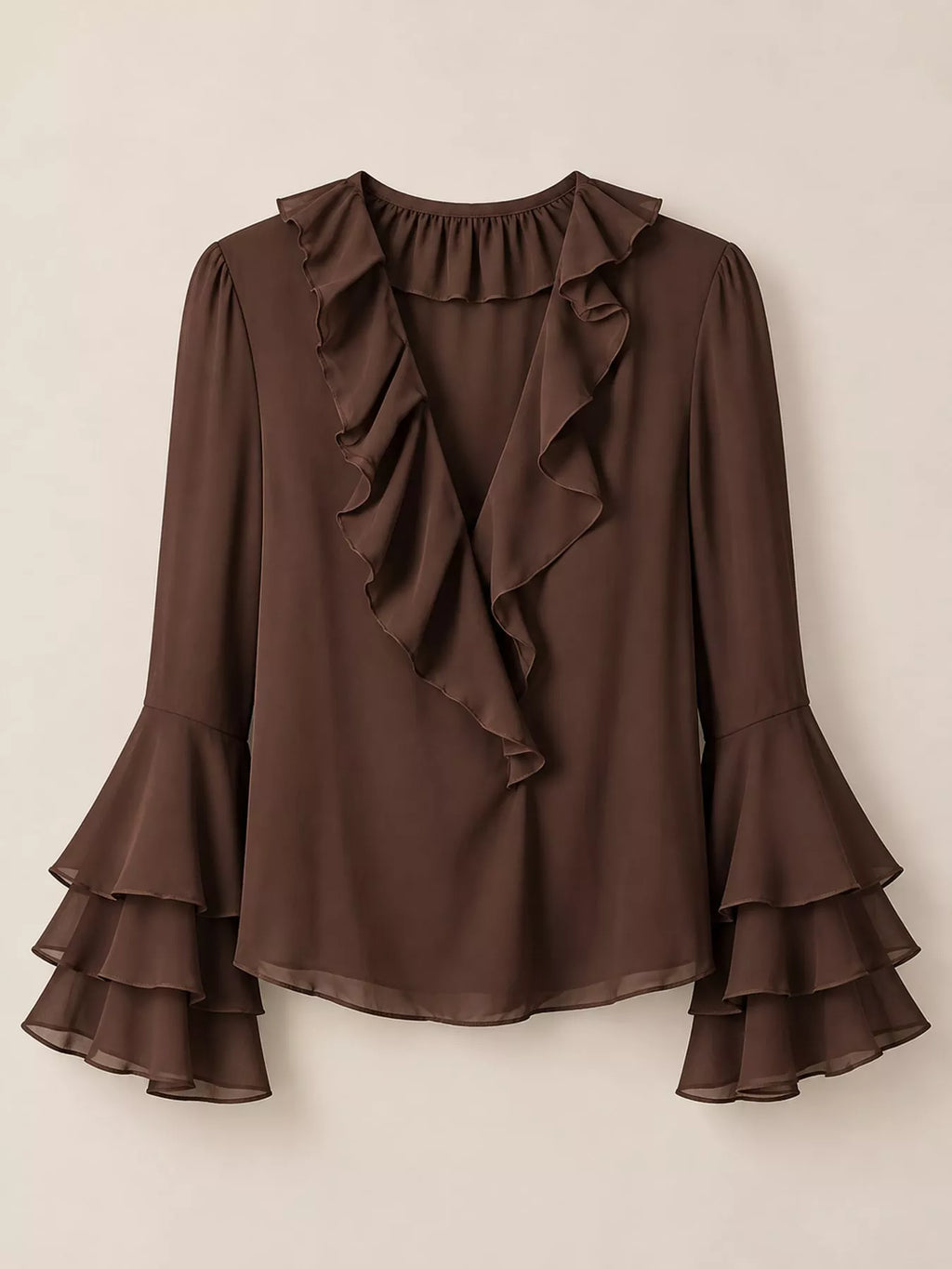 Ruffle-Trim V-Neck Blouse with Bell Sleeves