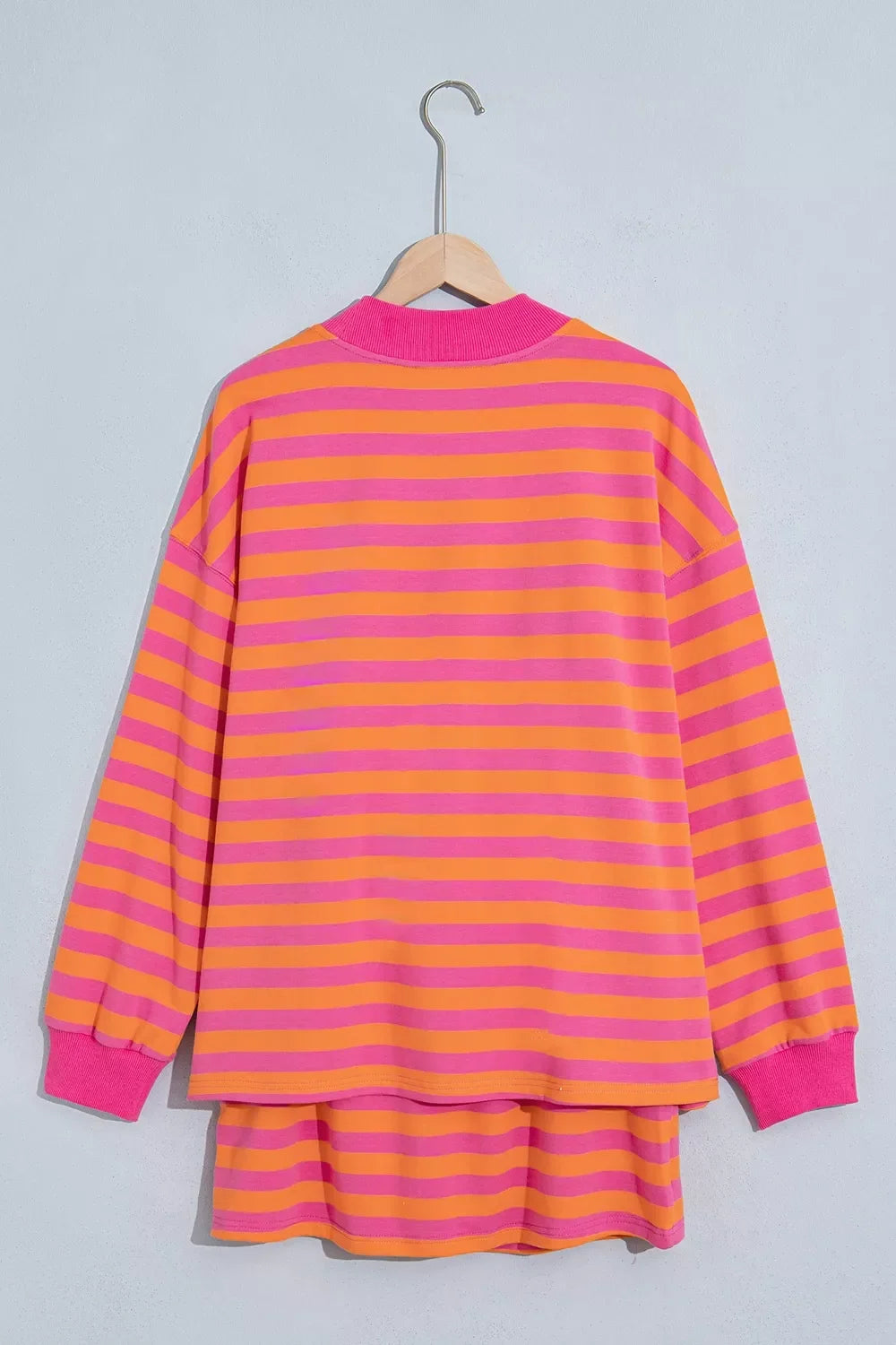 Stripe Color Block Patchwork Mock Neck Pullover Drawstring Mini Skort Set