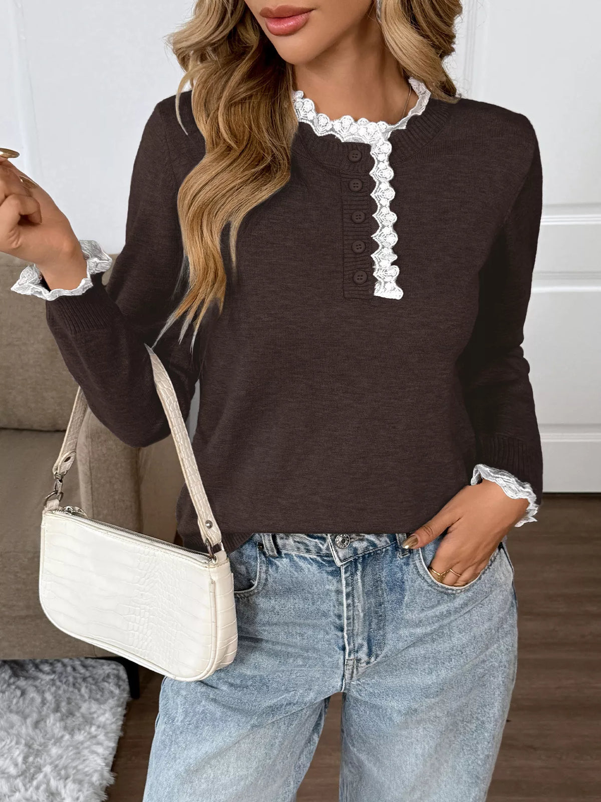 Lace Trim Button Detail Sweater