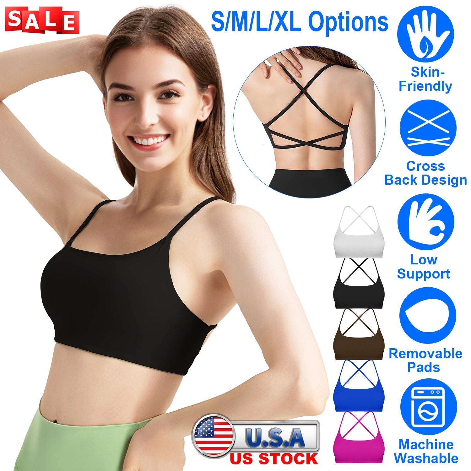 Cross Back Padded Sports Bra with Removable Pads