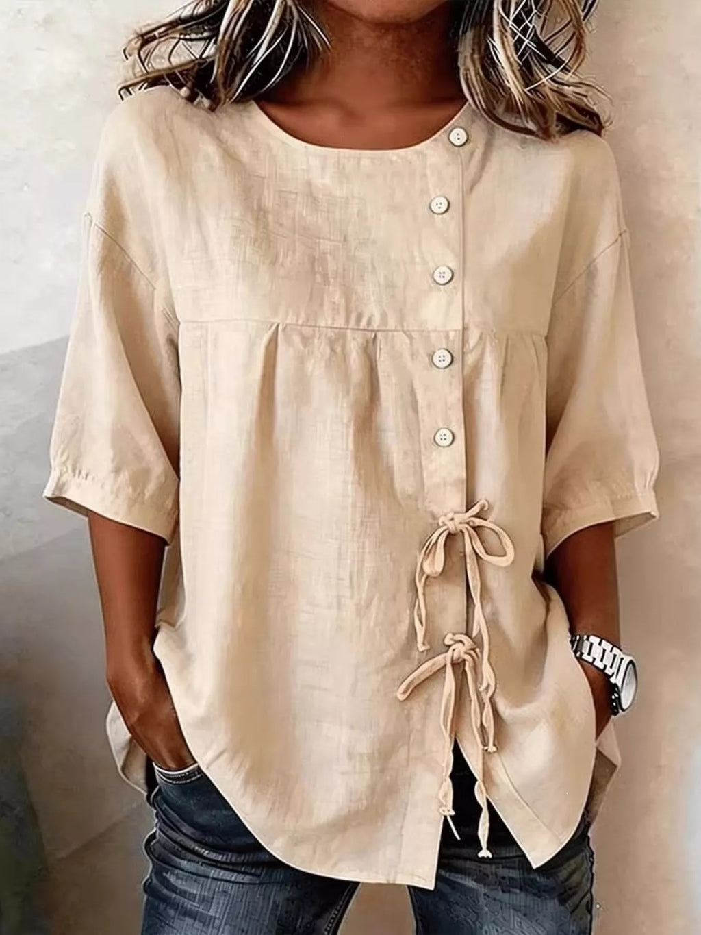Full Size Decorative Button Tie-Front Blouse Plus Size
