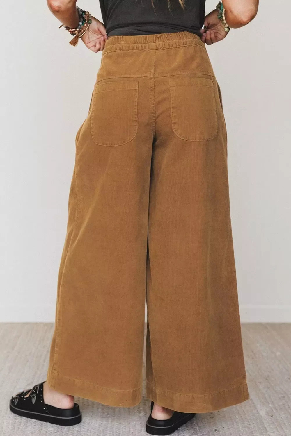 Elastic Waist Wooden Button Placket Ankle Length Wide Leg Pants