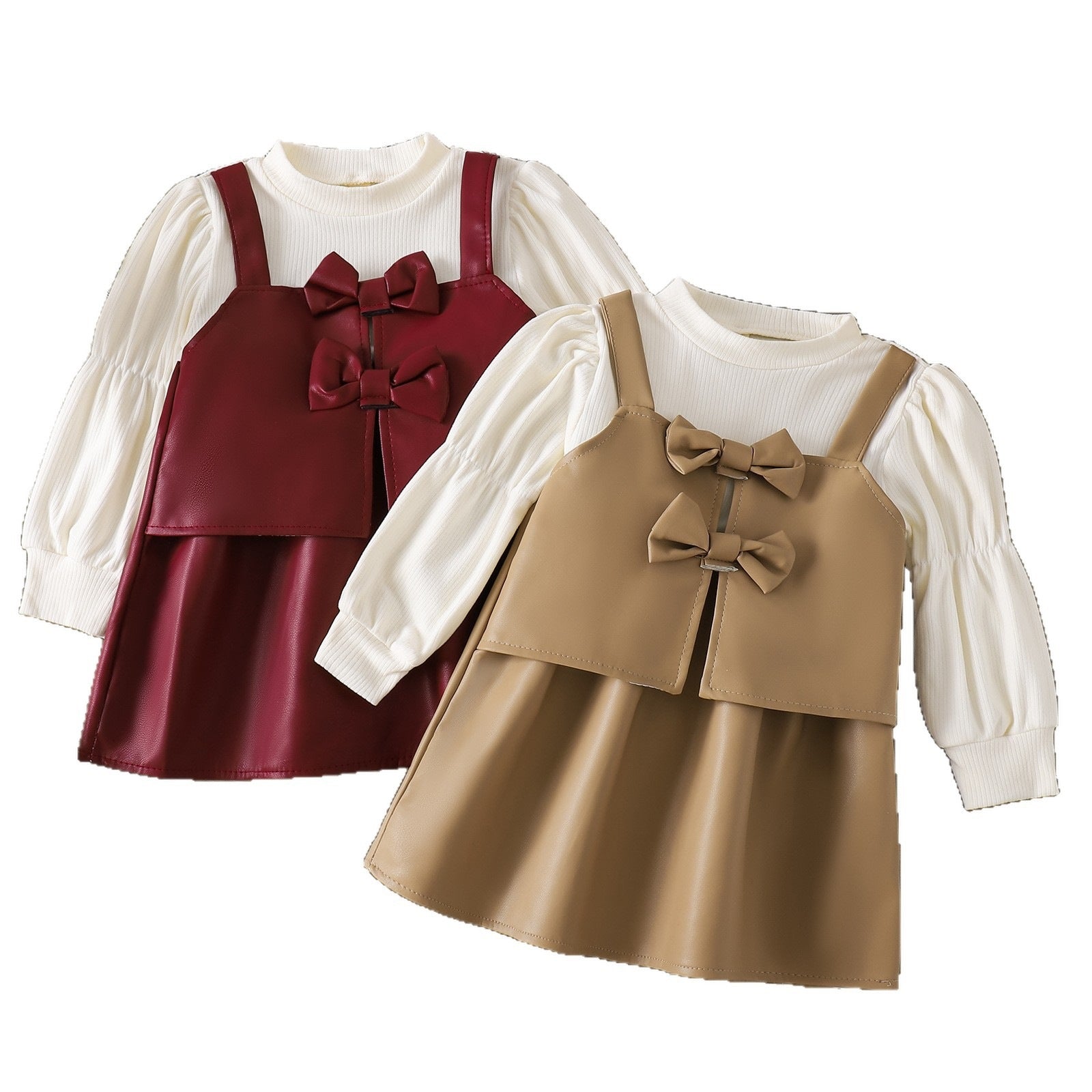 PU Leather Princess-style Long-sleeve Bow Tie Faux Two-piece Set