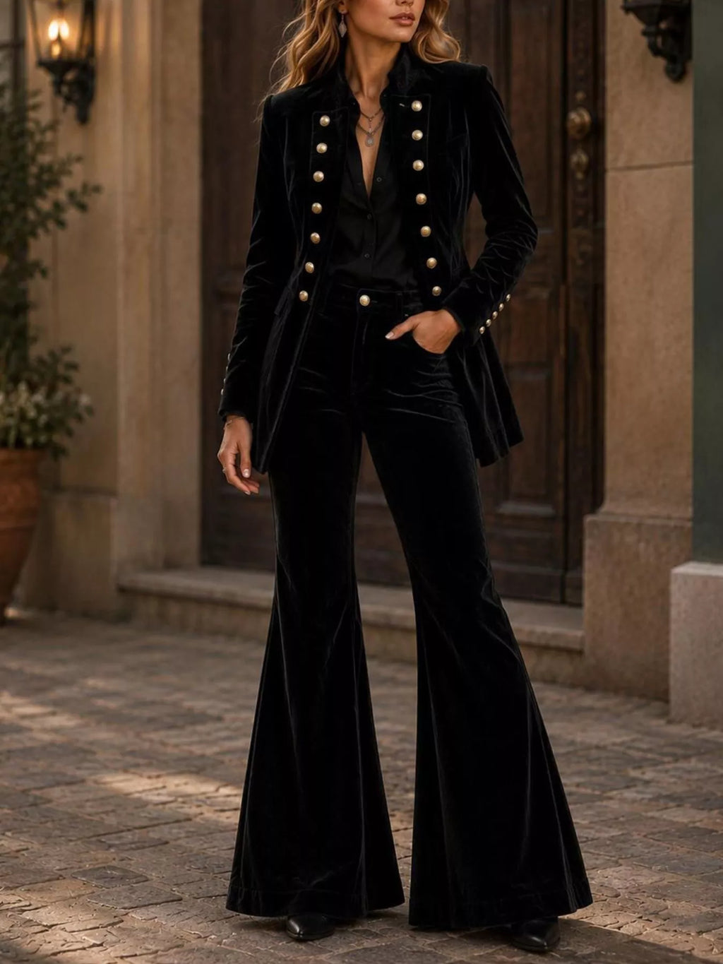 Velvet Double-Breasted Blazer and Flare Pants Set