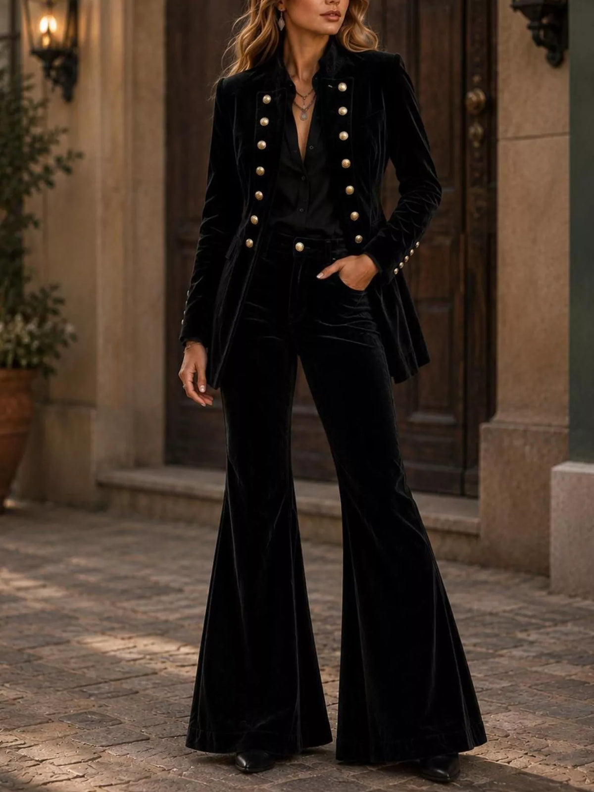 Velvet Double-Breasted Blazer and Flare Pants Set