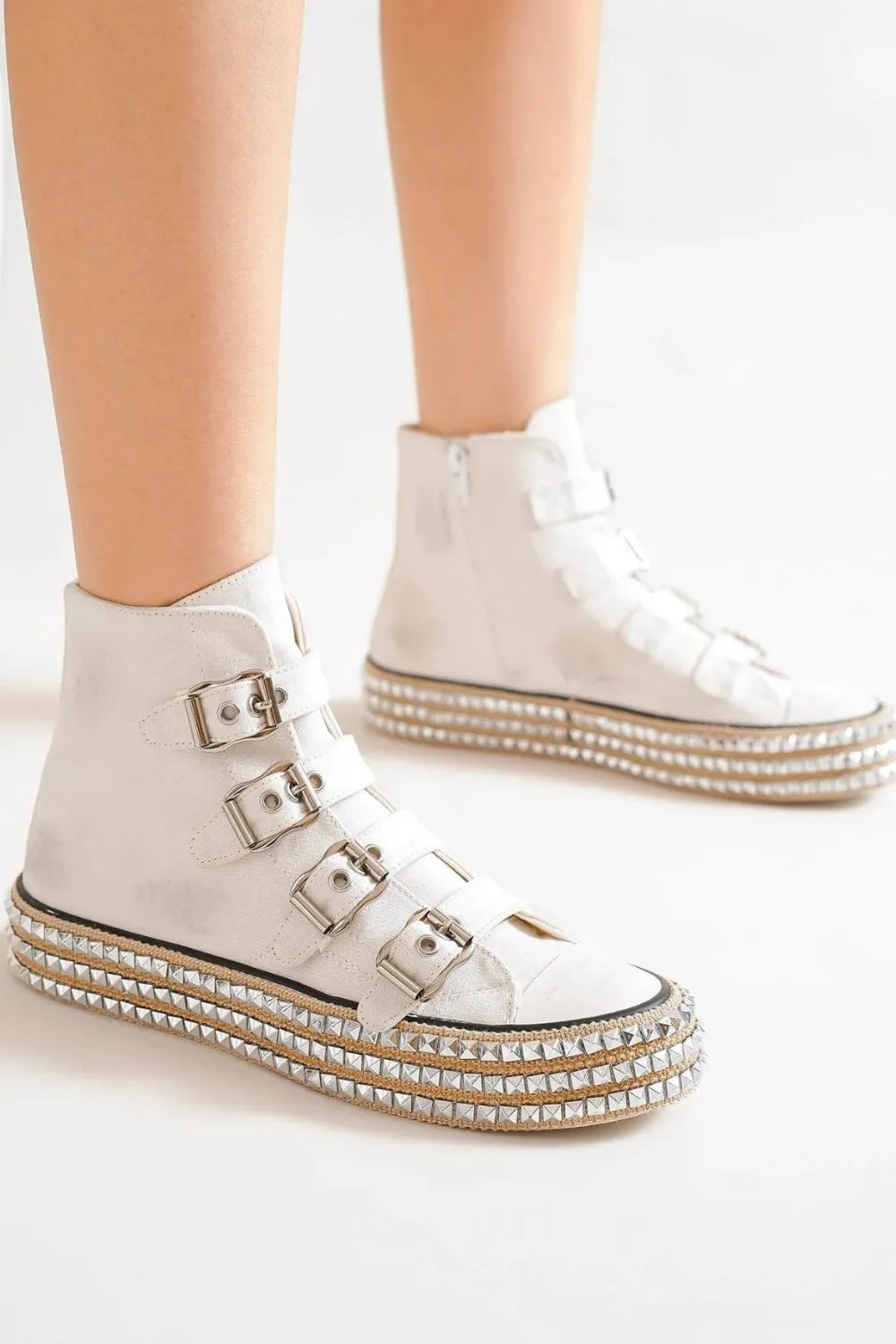 Multi-Buckle Studded Platform High Top Sneakers