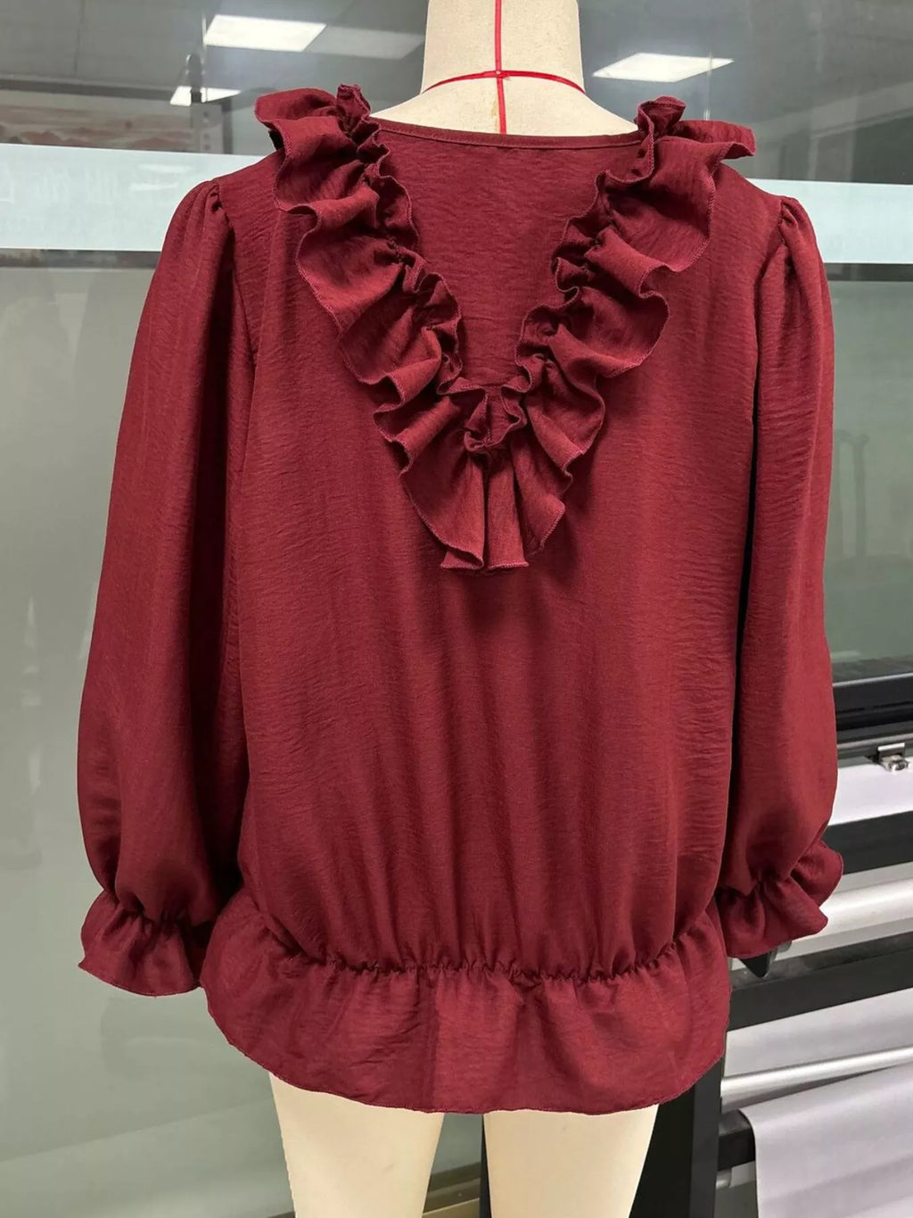 Ruffle V-Neck Long Sleeve Blouse