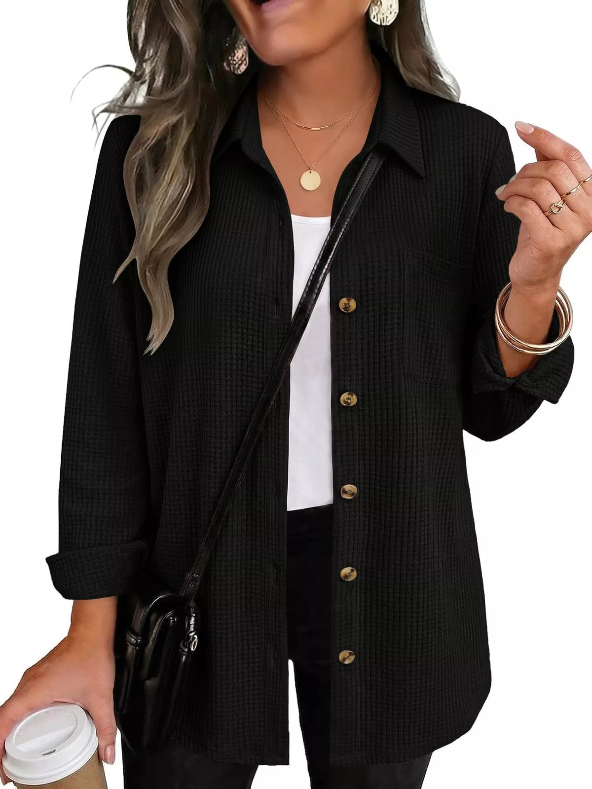 Waffle Knit Button-Down Long Sleeve Shirt