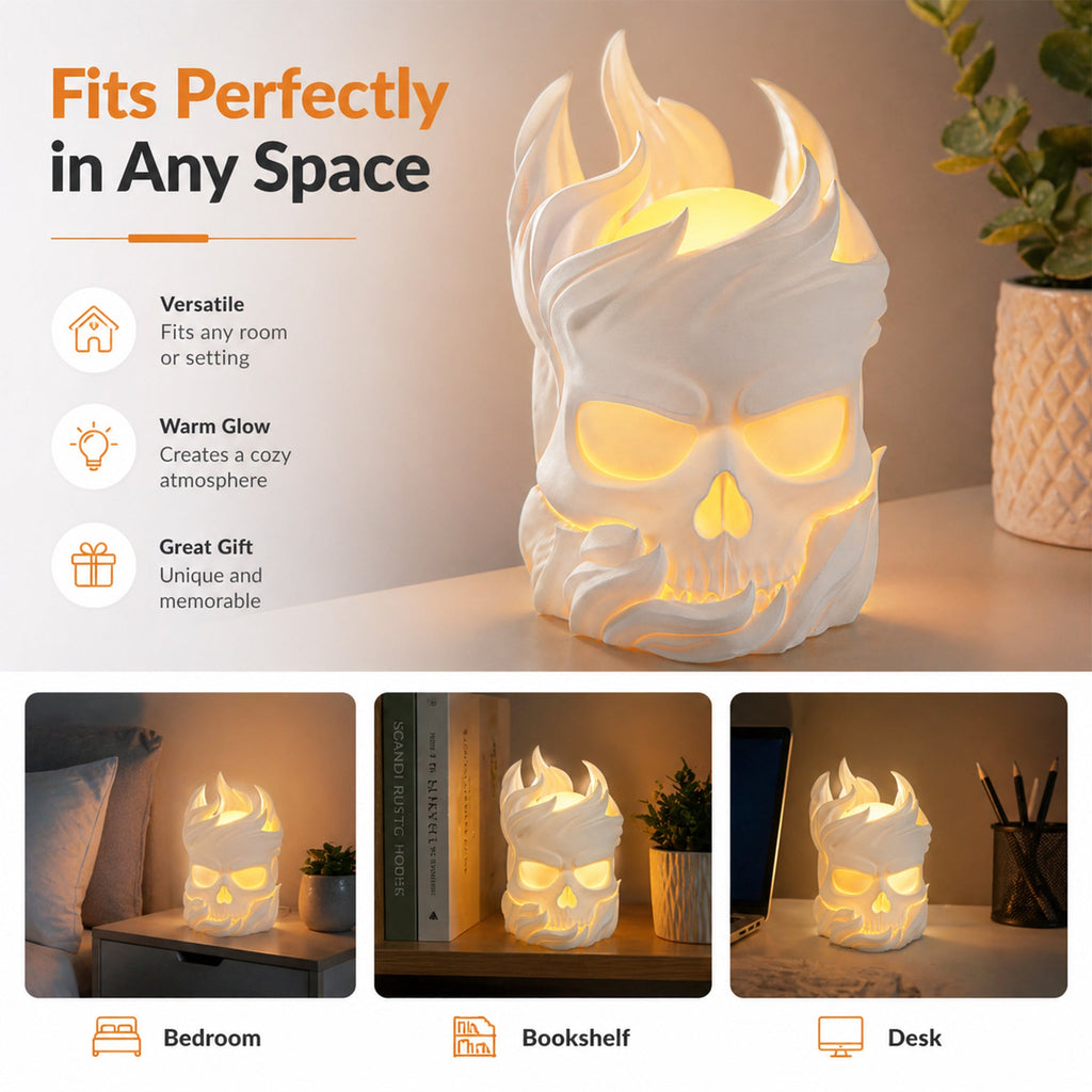 3D Printed Flame Skull Ambient Table Lamp, Warm Glow Decorative Night Light, Gothic Skull Desk Lamp For Bedroom Bookshelf Home Decor