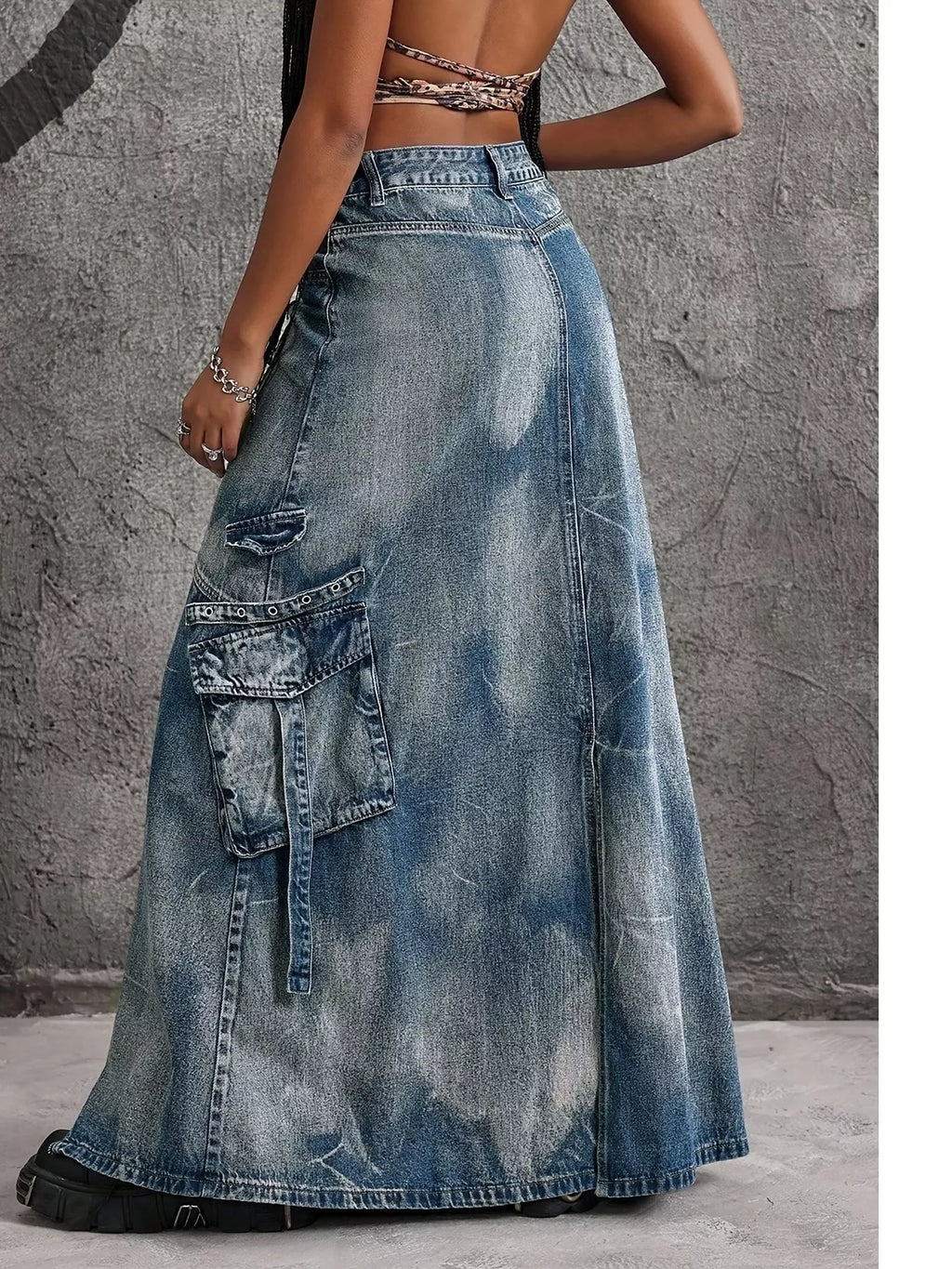 High-Waisted Denim Maxi Skirt with Zipper Slit