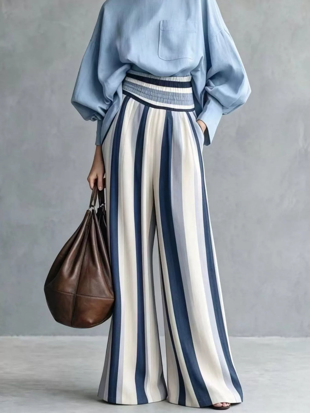 Full Size Mock Neck Top and Striped Wide-Leg Pants Set Plus Size