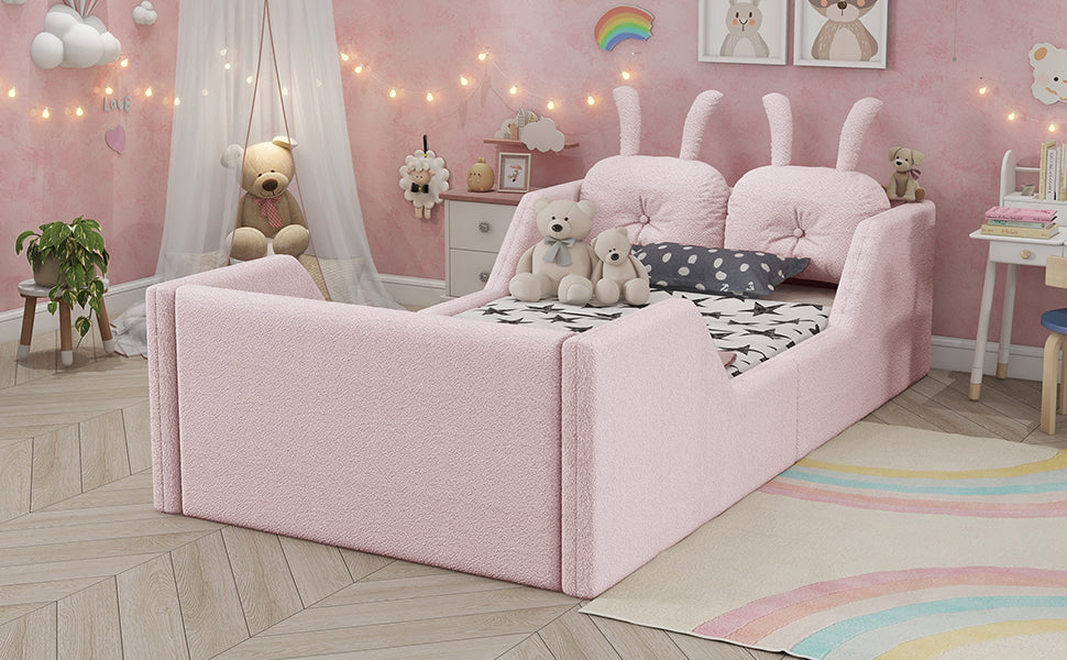 Twin Size Upholstered Platform Bed with Rabbit Cushion – Pink