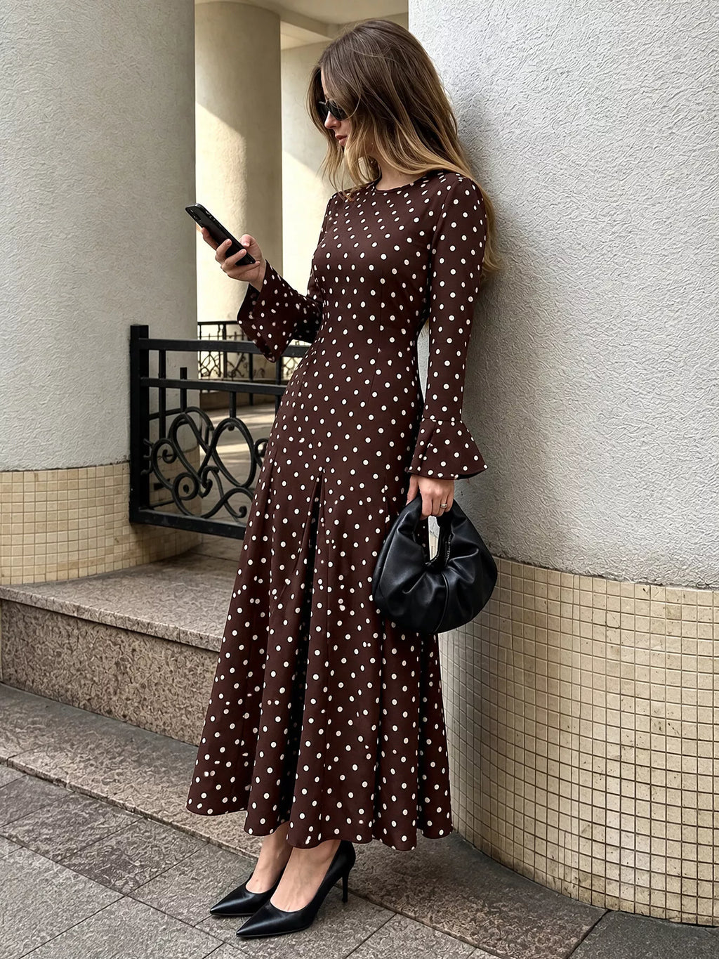Polka Dot Long Sleeve Maxi Dress