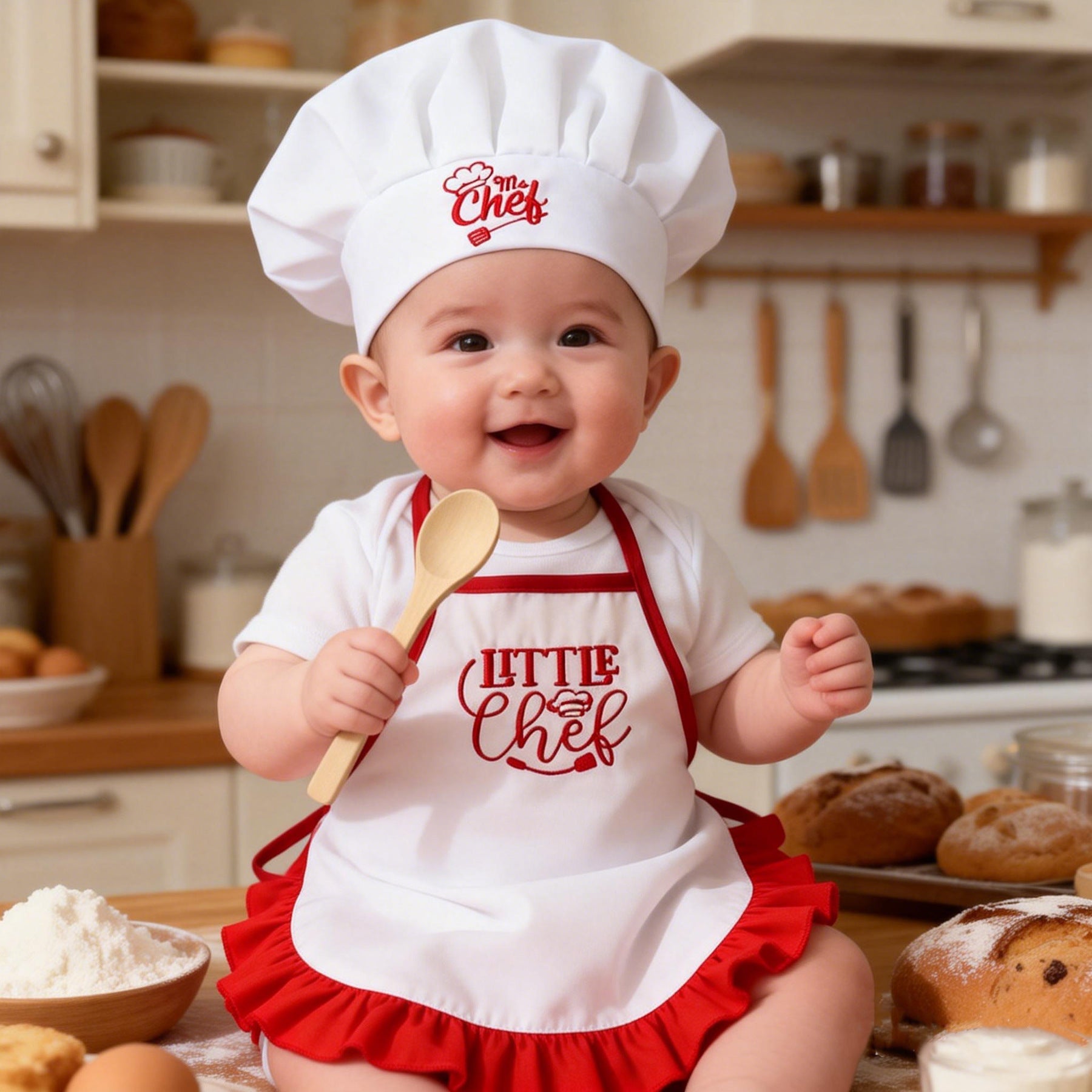 One-month-old Baby Photo Outfit Tall-top Hat Lace-trimmed Embroidery Little Chef Costume