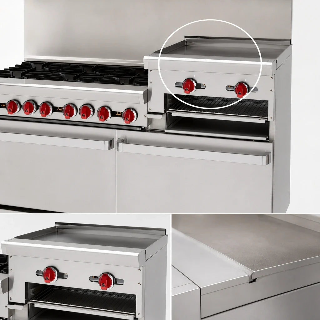American Range AR-8B-24RG-DSB 72-Inch Gas Restaurant Range with 8 Open Burners, 24-Inch Raised Griddle/Broiler, Dual Storage Bases