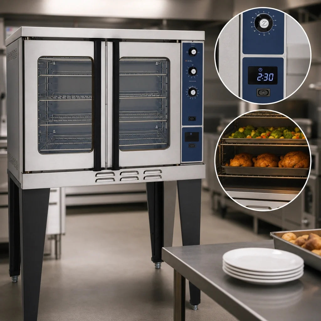 Duke 613Q-E1XX Full-Size Single-Deck Electric Convection Oven with 6-Pan Capacity, Solid-State Controls, 50/50 Doors