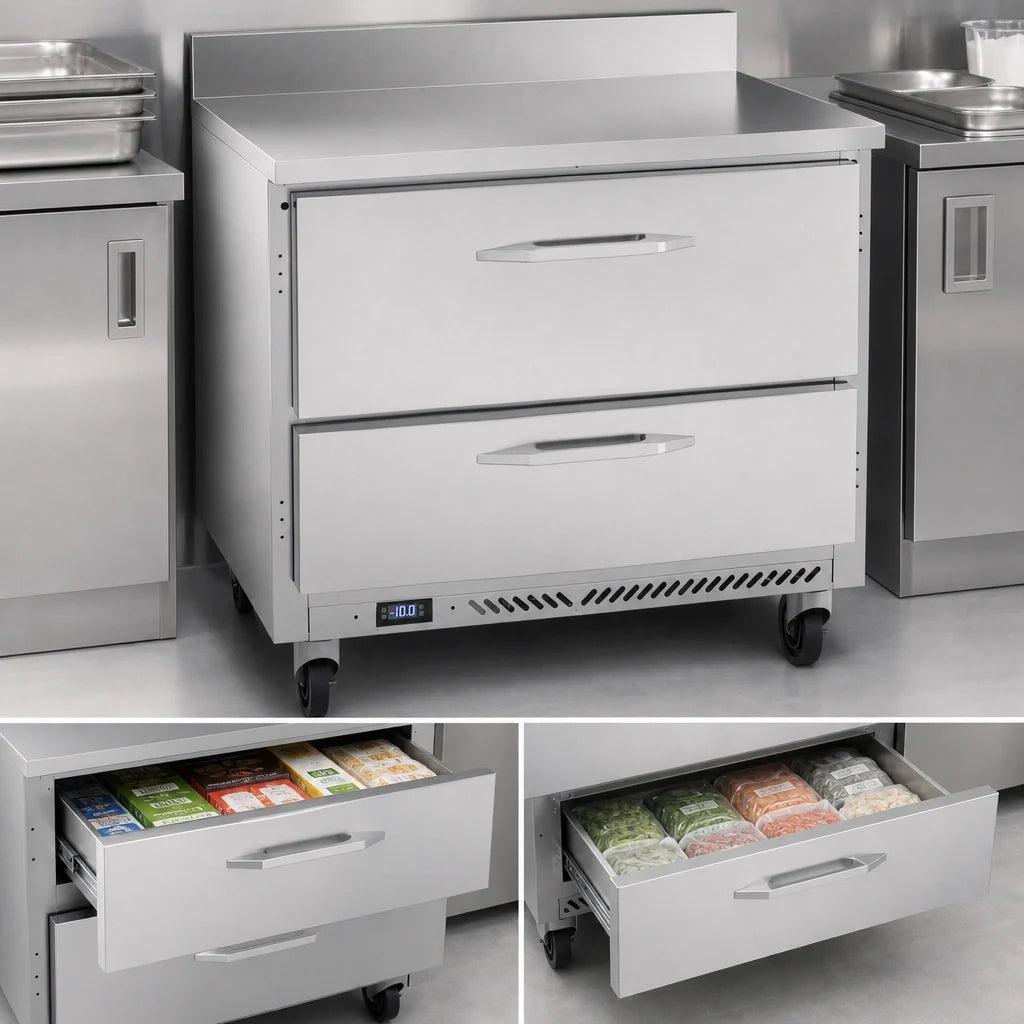 Victory Refrigeration VWFD36HC-2 36-Inch Worktop Freezer Counter, 2 Drawers, Self-Contained Rear-Mounted Refrigeration, Stainless Steel