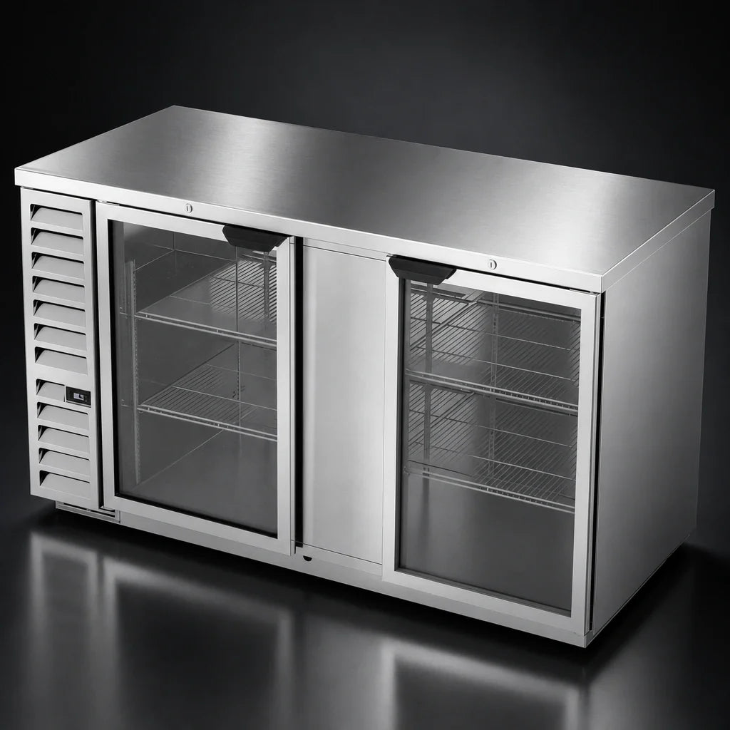 Beverage Air BB68HC-G-S Two-Section Glass Door Back Bar Refrigerator, 68-Inch Wide, Stainless Steel, Self-Contained