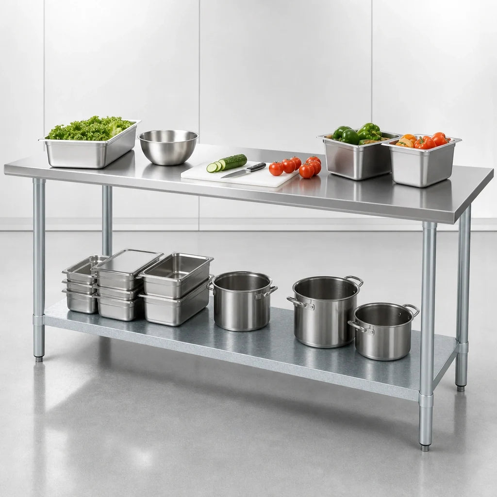 Duke 314-36144 144-Inch Stainless Steel Work Table, Open Galvanized Undershelf, 14-Gauge 300 Series Top, No Backsplash