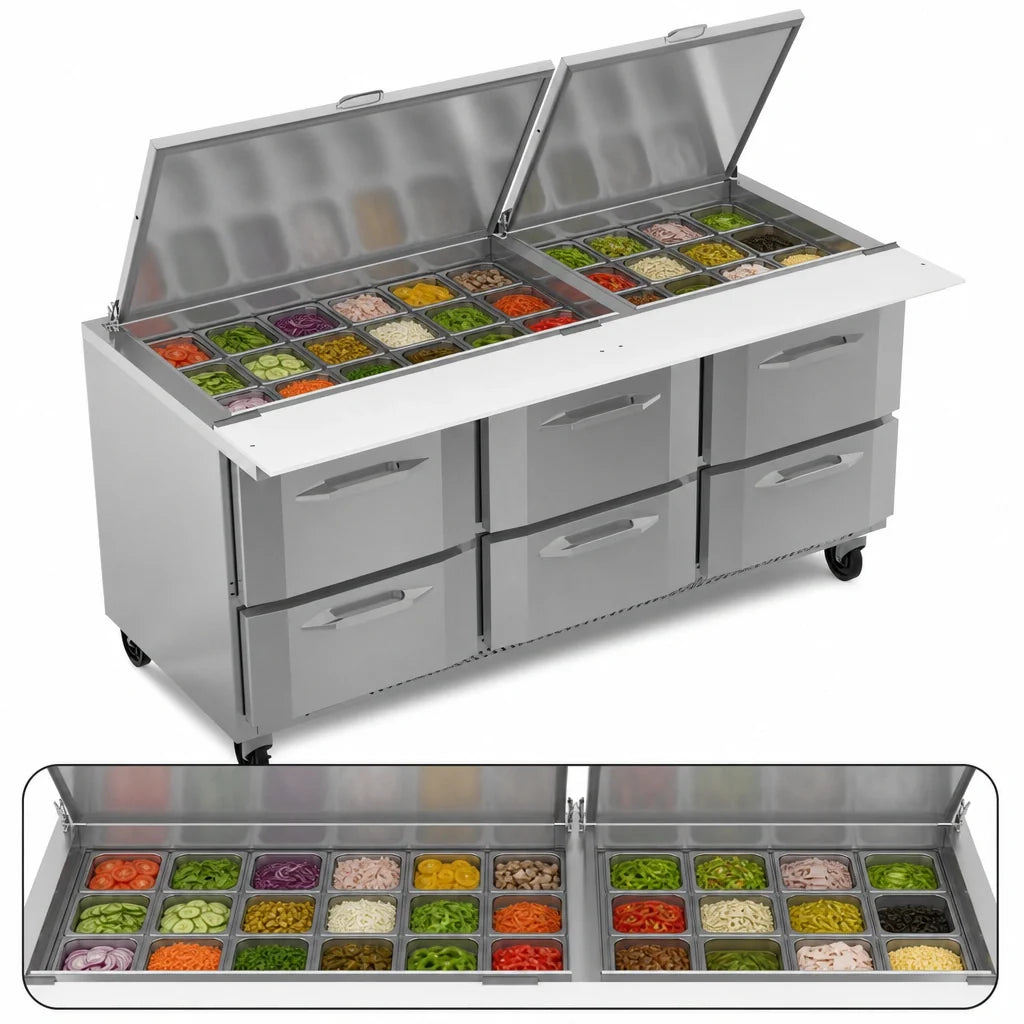 Victory Refrigeration UltraSpec™ VSPD72HC-30B-6 72-Inch Three-Section Sandwich Prep Table, 6 Drawers, 30-Pan Top, Self-Contained R290